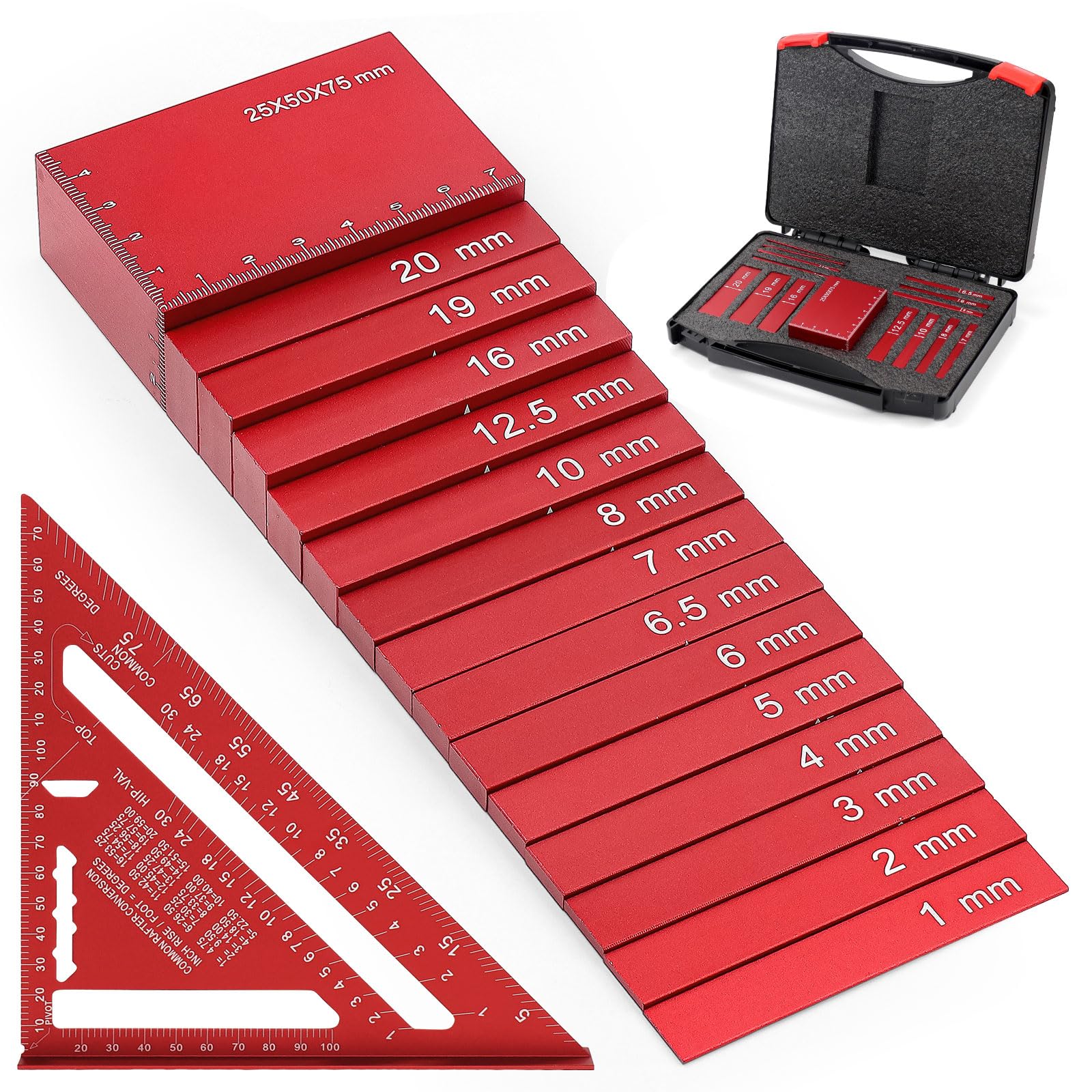 15Pcs Woodworking Setup Blocks, Precision Aluminium Height Gauge Set with Metric Setup Blocks Square Ruler Aluminum Measuring Bars Case for Woodwork Tools Router Table Saw Accessories