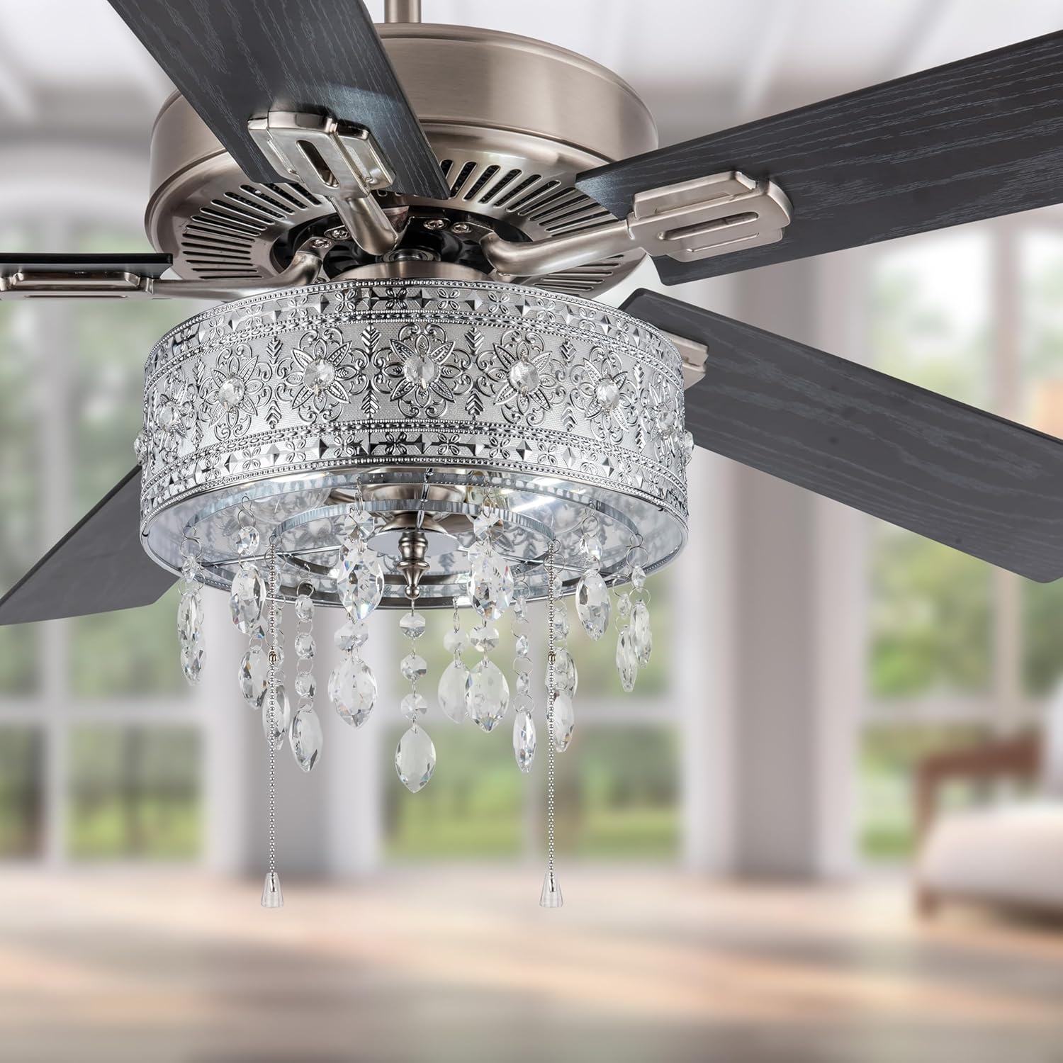 RIVER OF GOODS LED Ceiling Fan with Crystal Chandelier – 52″ L x 52″ W – Glam Ceiling Fan with Lights