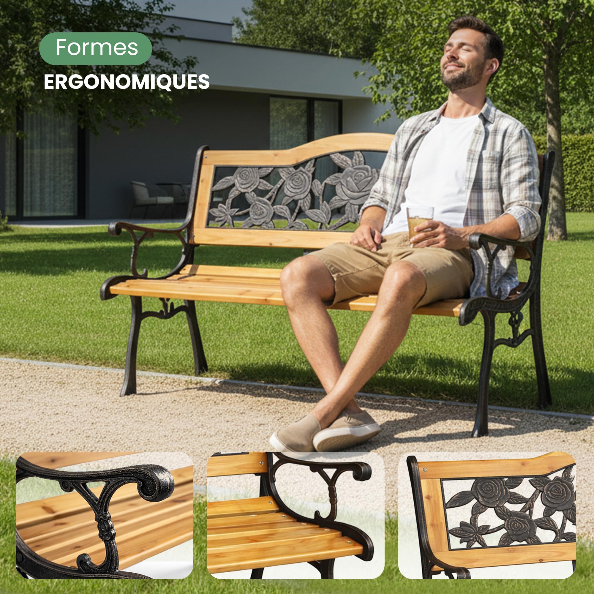 AKORD Banc de jardin rose avec pieds en fonte et bois verni | Banc d'extérieur | Bancs extérieurs avec accoudoir | Bancs modernes résistants aux intempéries | Largeur 118 cm | Marron
