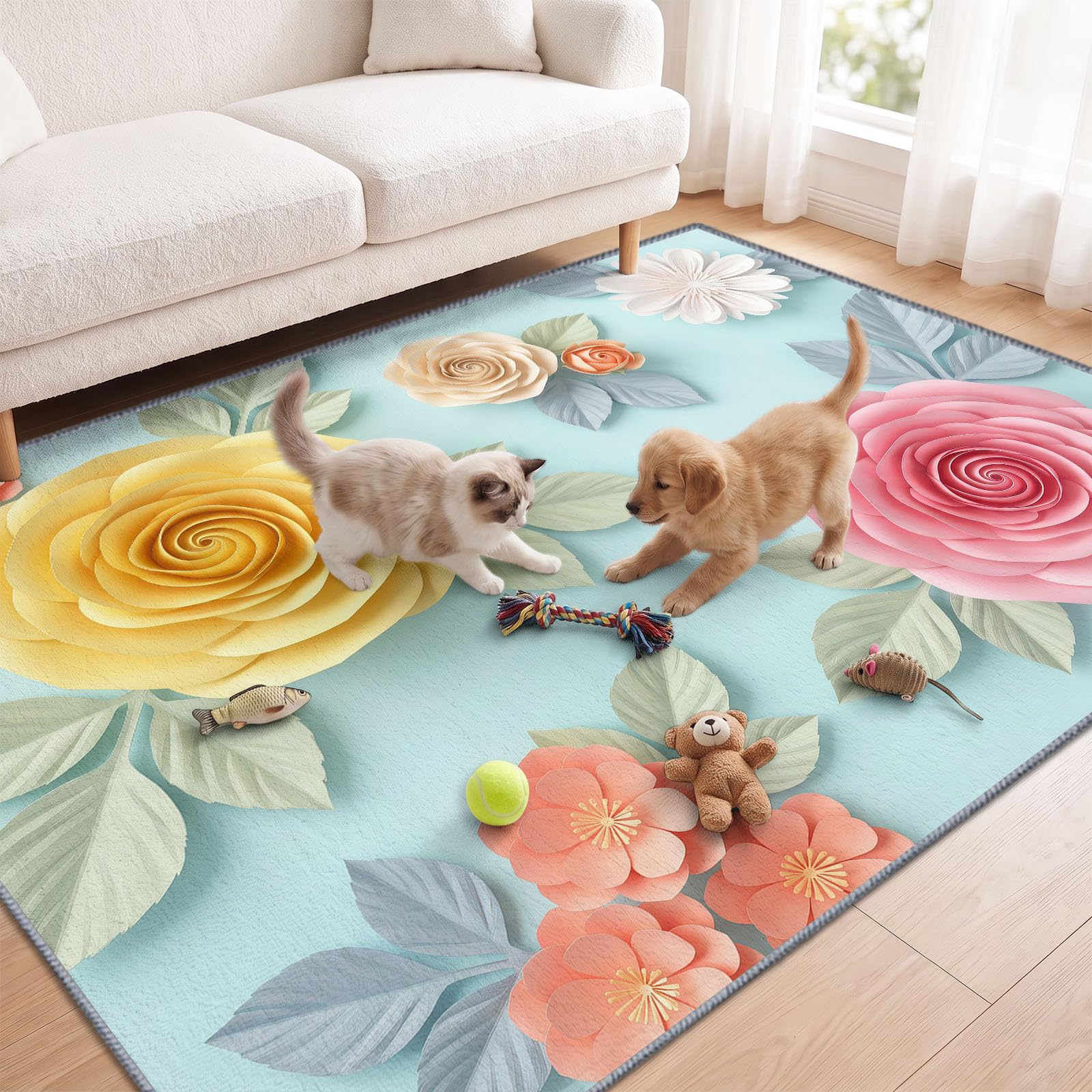 Générique Lavable en Machine Tapis Salon 80x154 cm, Floral Roses Antidérapant à Poil Ras Tapis, Moderne Art Romantique Écologique pour Salle à Manger Couloir Chambre Bureau