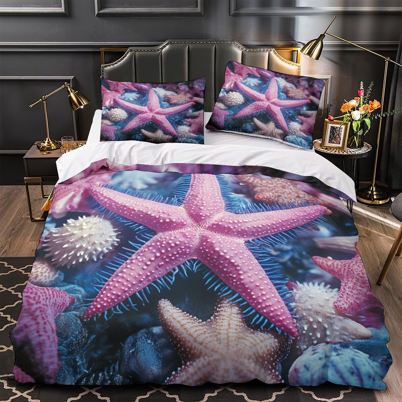 Housse de couette 200x200 rose avec 2 taies d'oreiller lit double 3D
