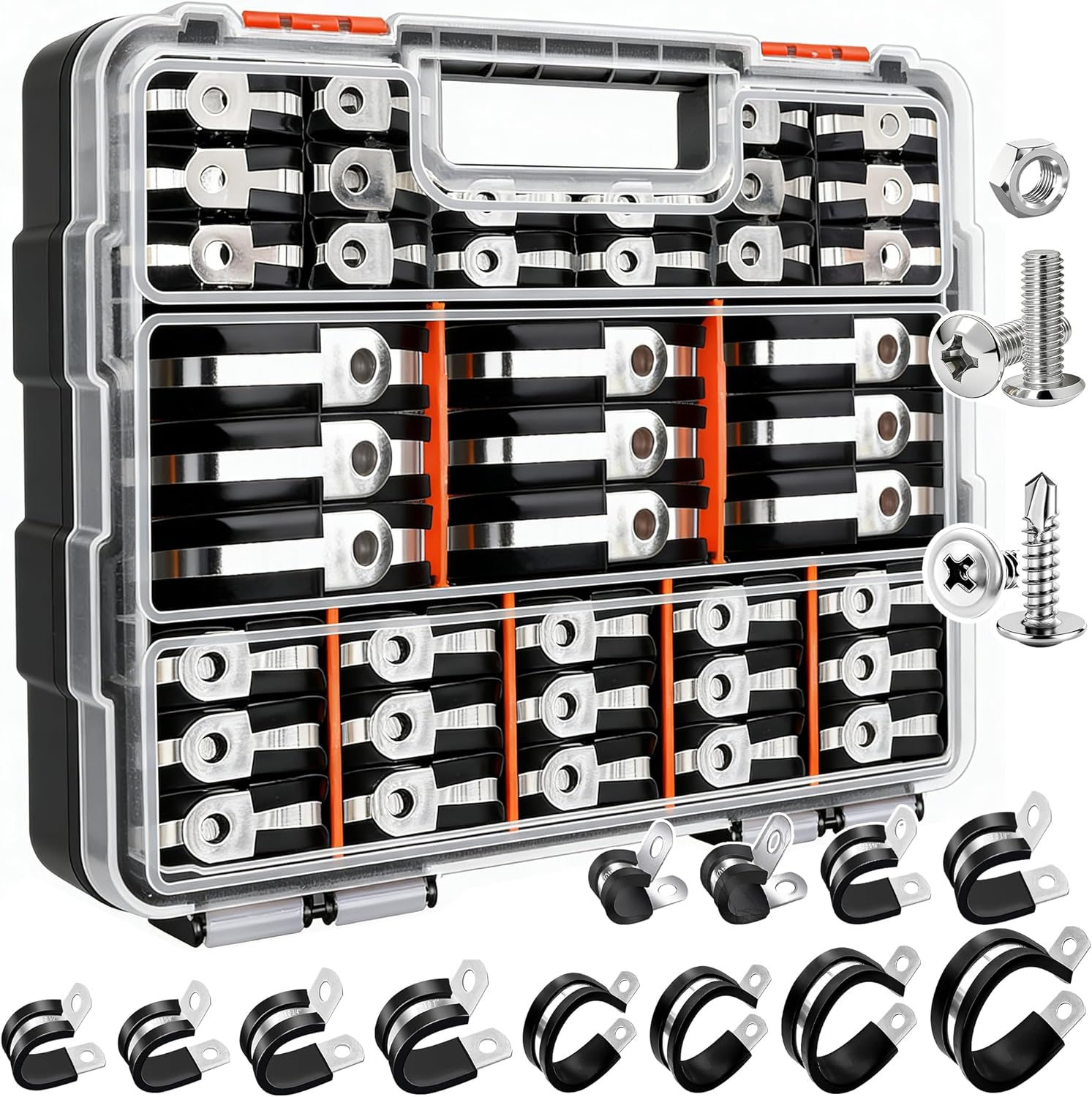 Taiss 320PCS Cable Clamps Assortment Kit 304 Stainless Steel Rubber Cushion Pipe Clamps 12 Sizes 3/16" 1/4" 5/16" 3/8" 1/2" 5/8" 3/4" 1" 1-1/4" 1-1/2" 1-3/4" 2" Wire Clamp(With two kinds of screws)