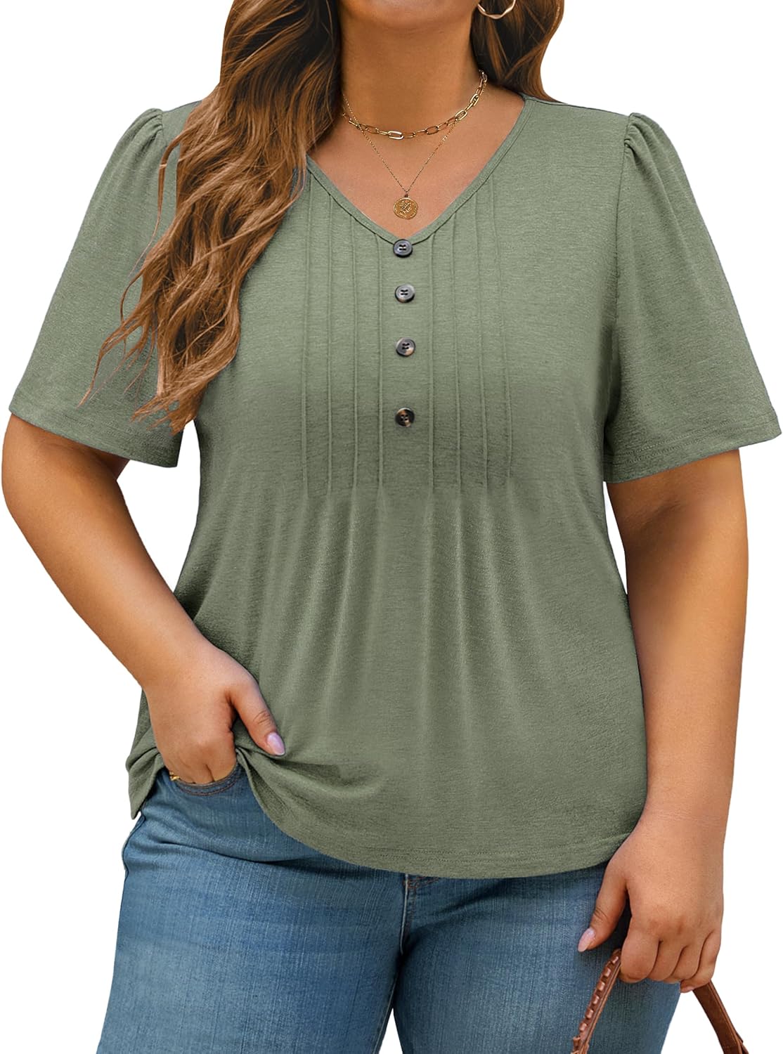 Cakrisyal Womens Plus Size Babydoll Peplum Cute Tops Summer Pleated Puff Sleeve V Neck Shirts Oversized Casual Tunic 1X-5X