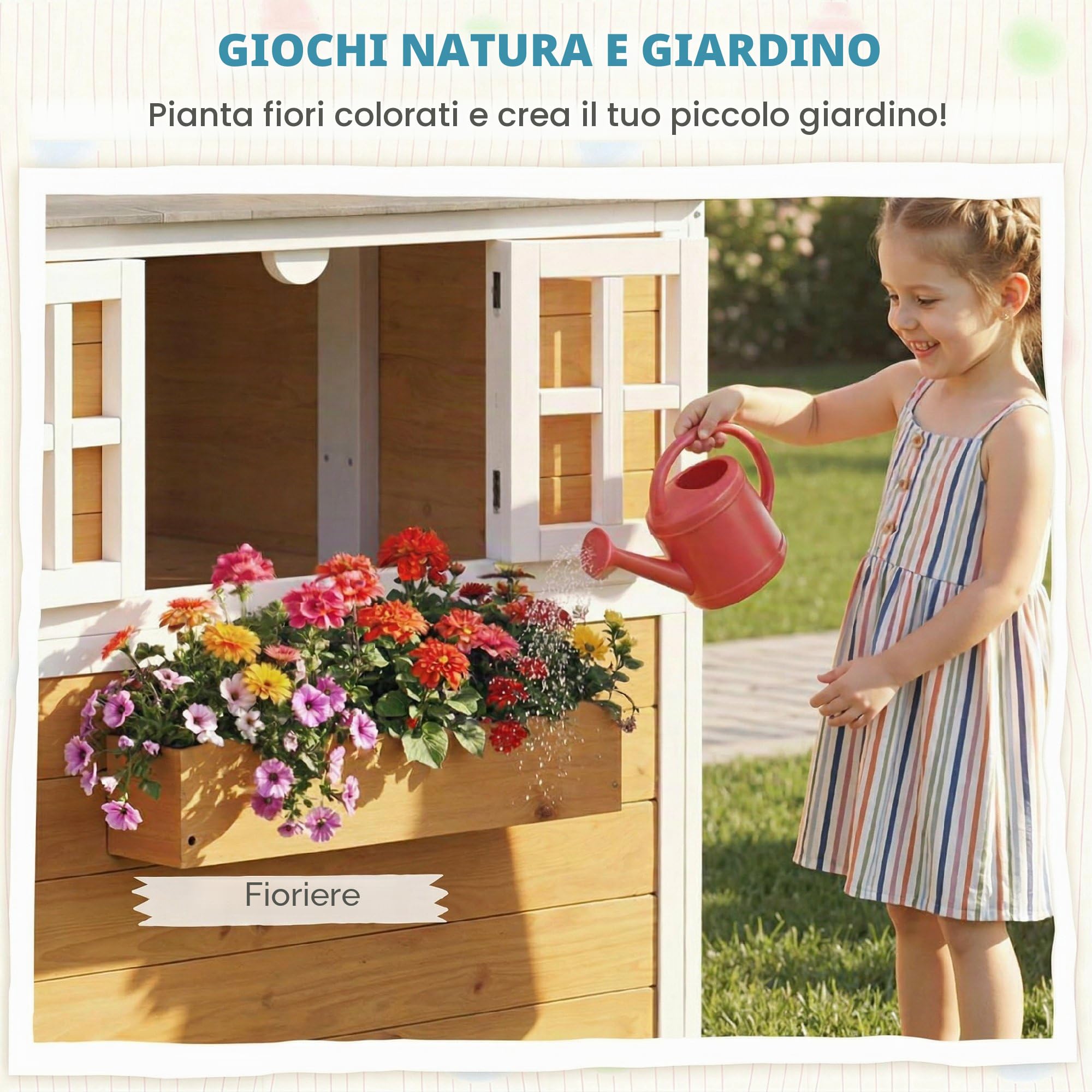 AIYAPLAY Casetta per bambini in legno per esterno, casa per bambini per esterno/interno con porta, finestre, 3 fioriere, resistente agli agenti atmosferici, casetta da gioco per 3-6 anni