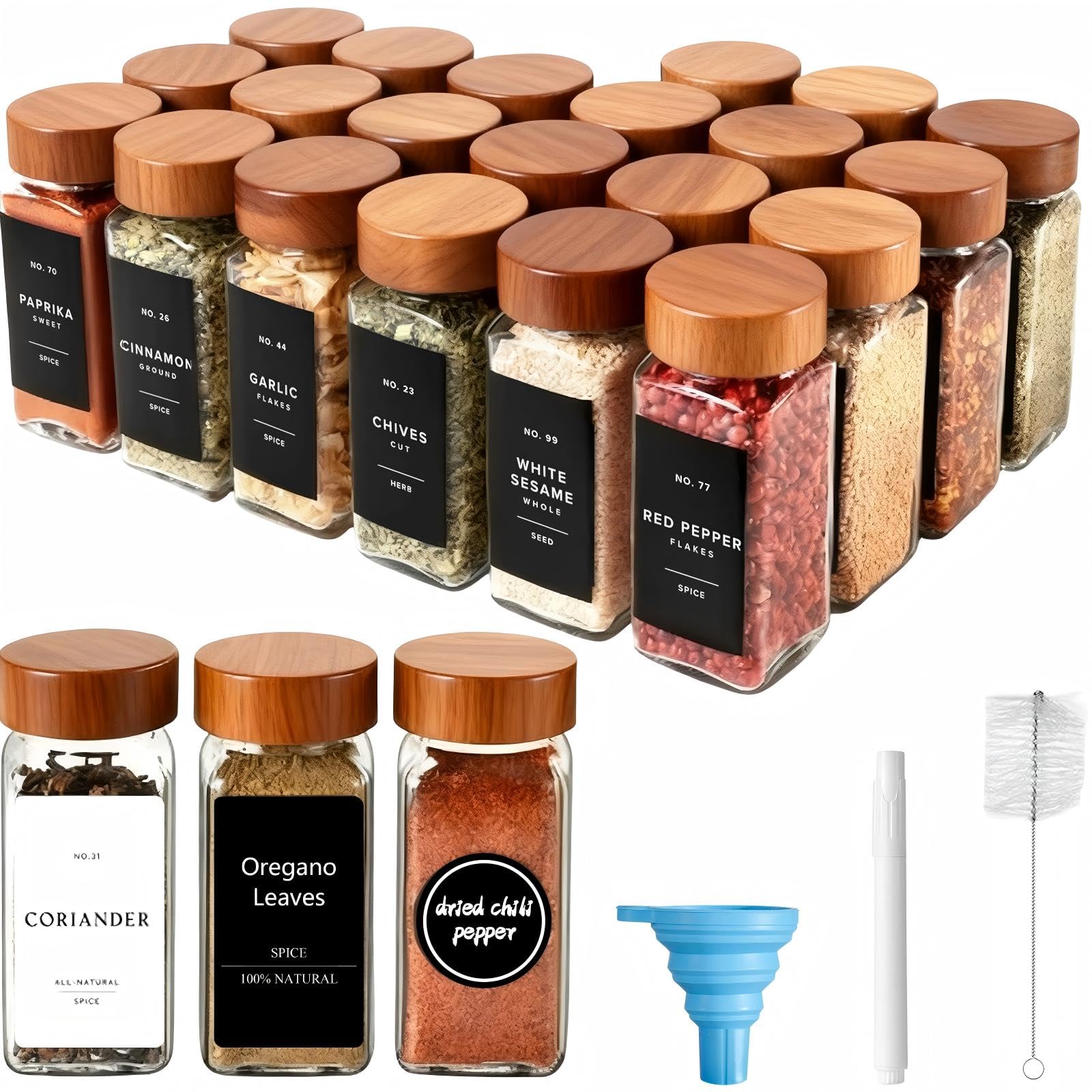 24 Pezzi Barattoli Spezie in Vetro da 120ml con Coperchio in Legno di Acacia, Etichette, Spazzola & Imbuto, Contenitori Spezie per Cucina, Barattolo Portaspezie Quadrati per Conservare Erbe Aromatiche