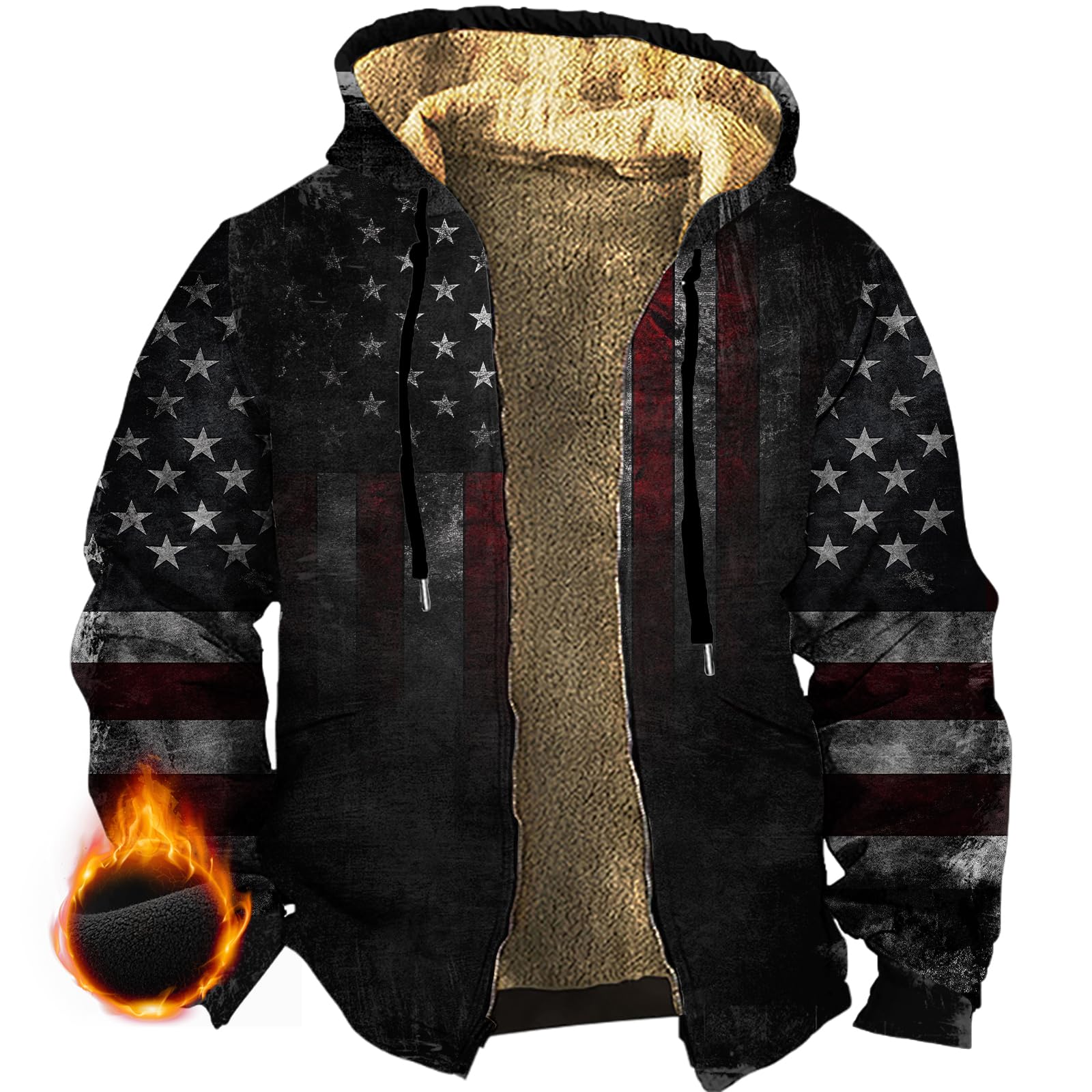 Western Fleece Jacket Men Vintage Graphic Sherpa Zip Up Heavy Warm Big and Tall Lined Coats with Hooded