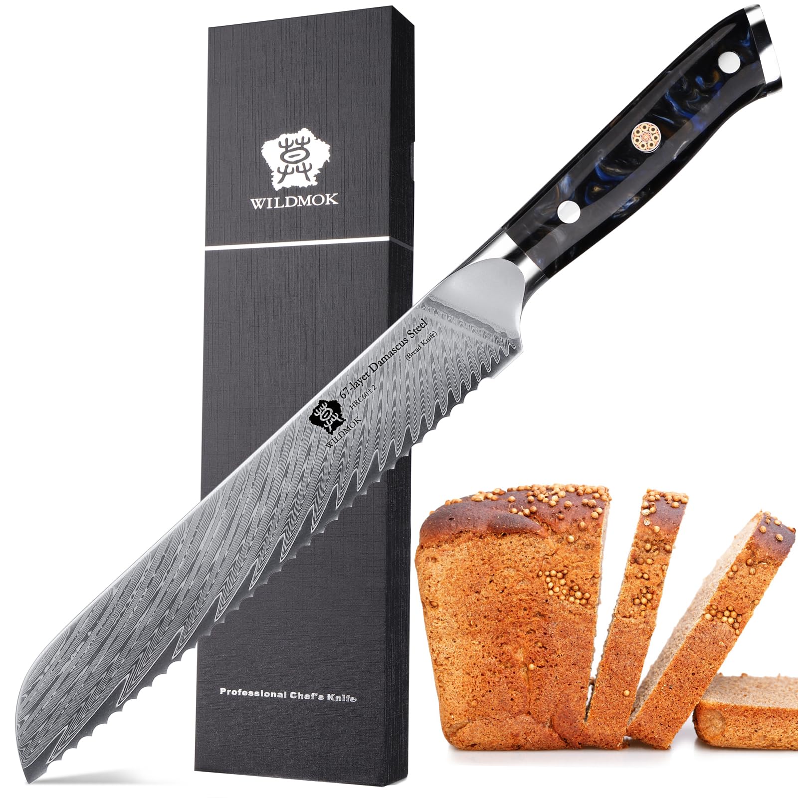 WILDMOK Brotmesser aus Damaststahl, 20cm Brotmesser mit Wellenschliff, messerscharf. Wunderschönes Federmuster aus Damaststahl
