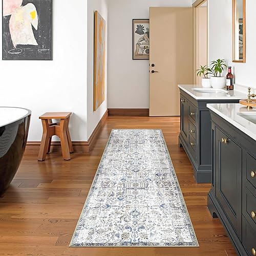 Miniatura 4 de jinchan Alfombra de pasillo de 2 x 7 pulgadas, lavable, vintage, para interiores, delgada, retro, envejecida, floral, campestre, ligera,