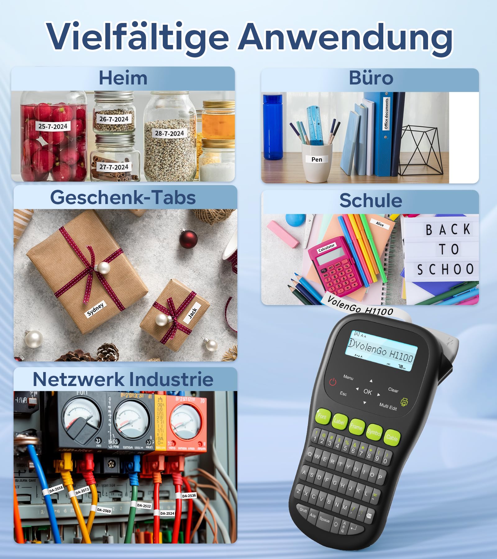 Beschriftungsgerät H1100 – Etikettiergerät & Etikettendrucker mit QWERT Tastatur, LCD-Hintergrundbeleuchtung und Selbstklebendem Label (12 mm). Portable Beschriftungsgerät Handgerät für Heim und Büro