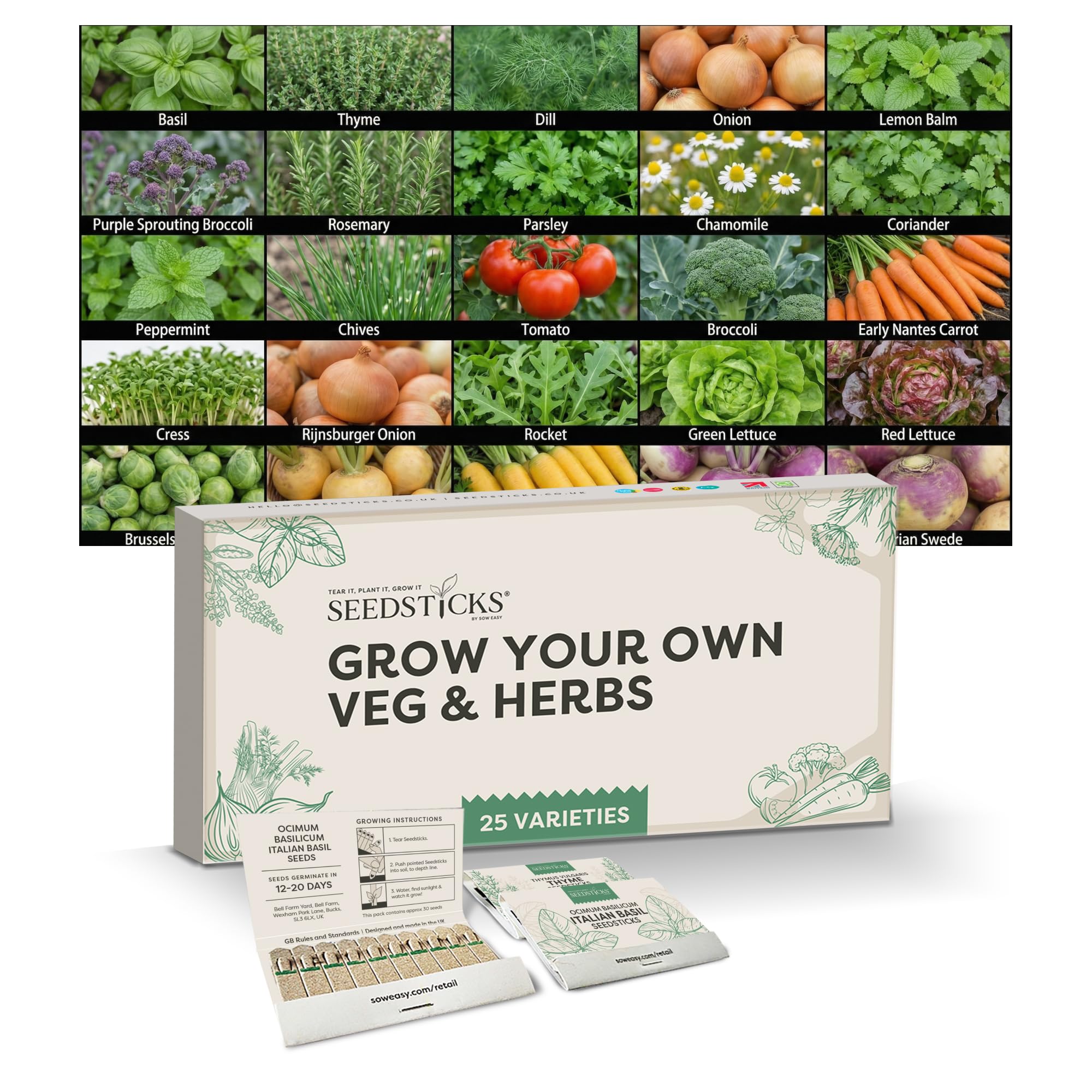 Seedsticks Grow Your Own Veg & Herbs - 25 Variety Vegetable & Herb Seed Collection - Kitchen Garden Seeds - Easy to Grow Veg & Herb Seedsticks Gardening Gift