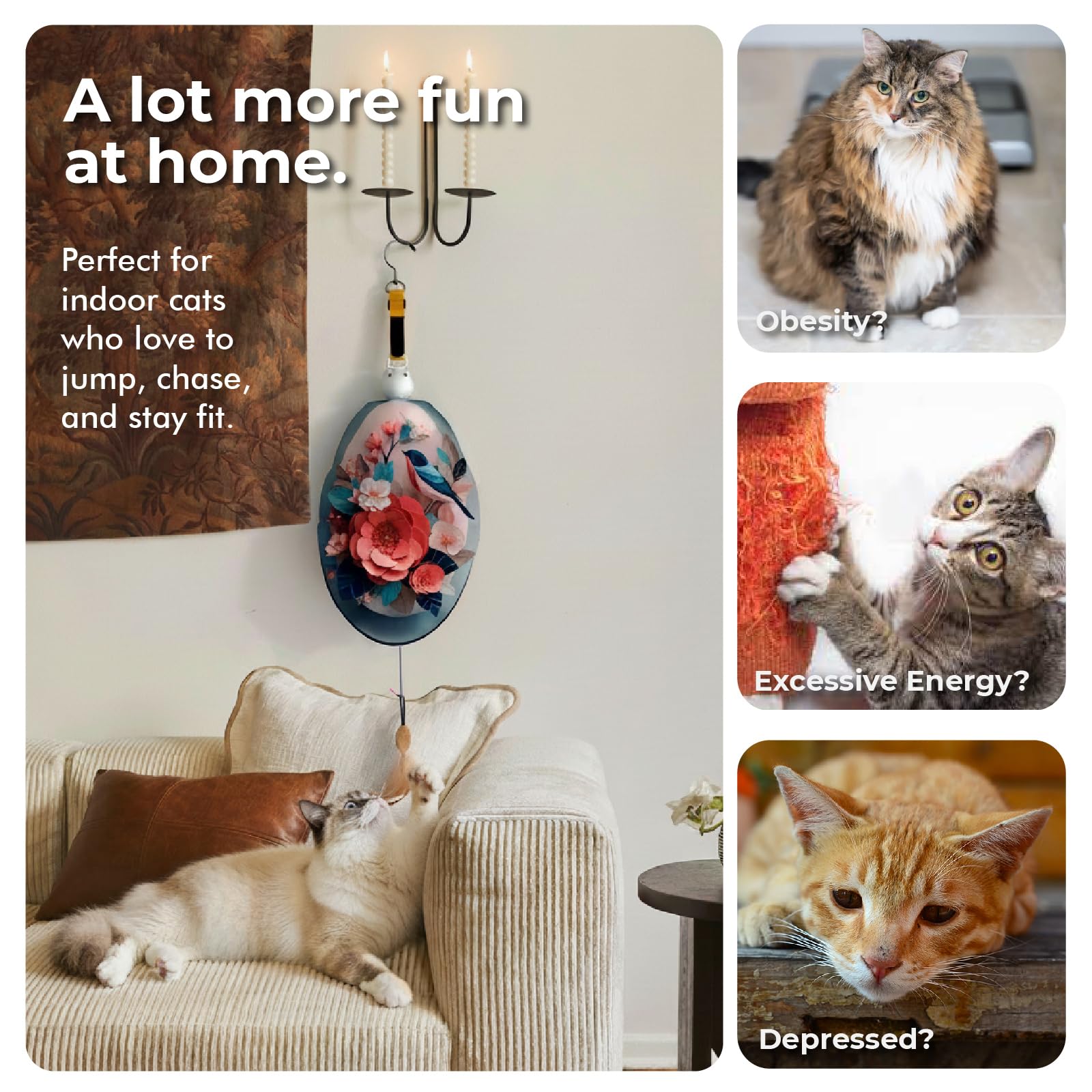 Juguetes interactivos para gatos de interior, juguete de plumas colgante automático oculto para gatos, juguetes de enriquecimiento recargables activados por movimiento para gatos adultos aburridos