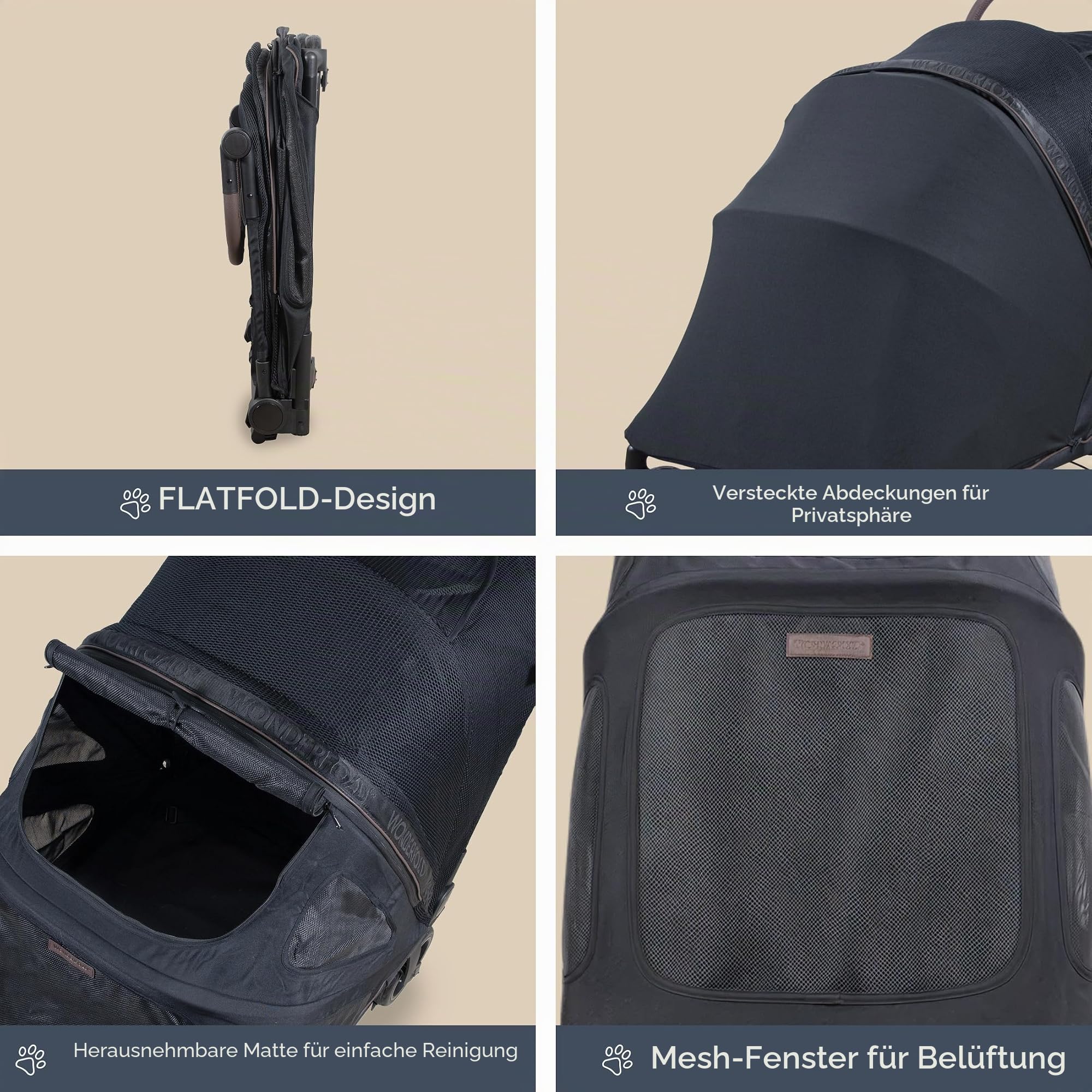 Wonderfold PFL Pet Large Premium Flat Fold Stroller – faltbarer Hundebuggy bis 45?kg, All?Terrain Räder, großer Einstieg, atmungsaktive Netze, flach faltbar – Jet Black