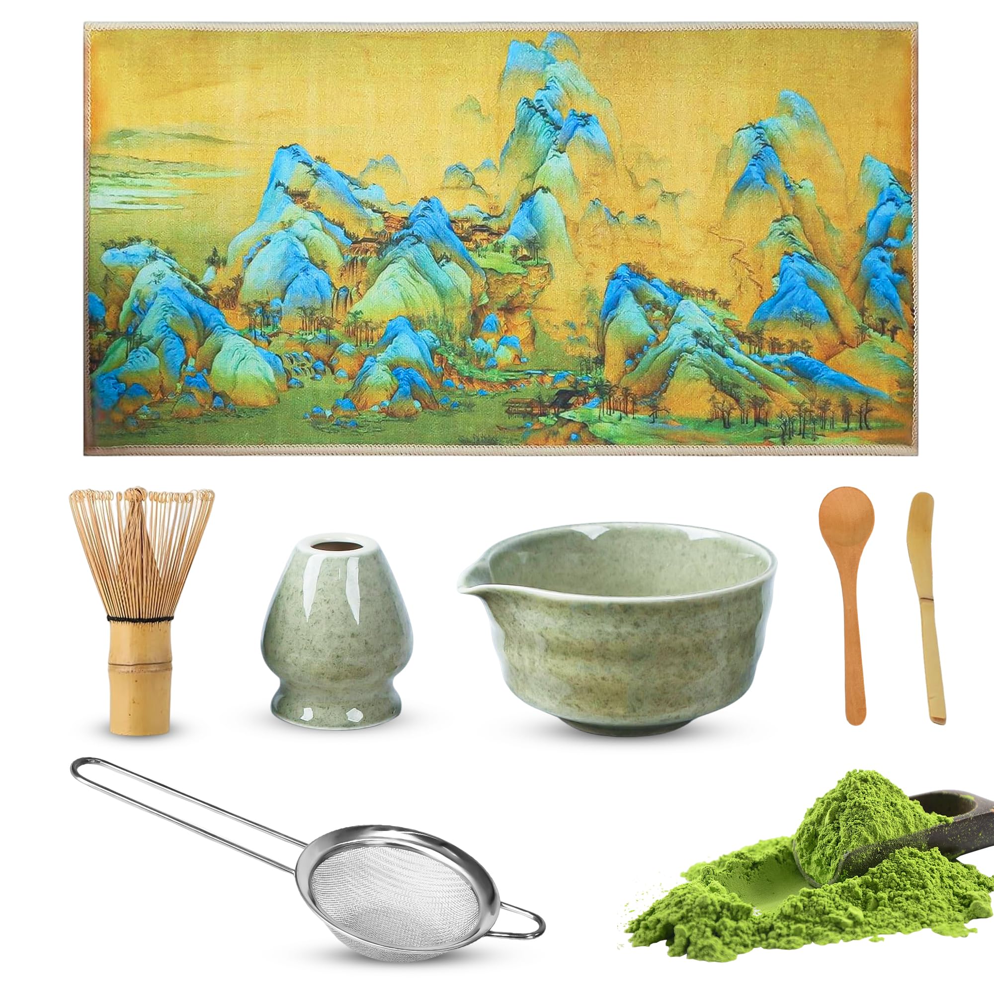 Matcha Set,7 Piece Matcha Besen Set, Matcha Tea Set Matcha Besen, Matcha Schale mit Ausgießer (Chawan), Sieb, Schaufel, Tea Set,Teetuchunterlage,für Teeliebhaber und Teezeremonie-Anfänger
