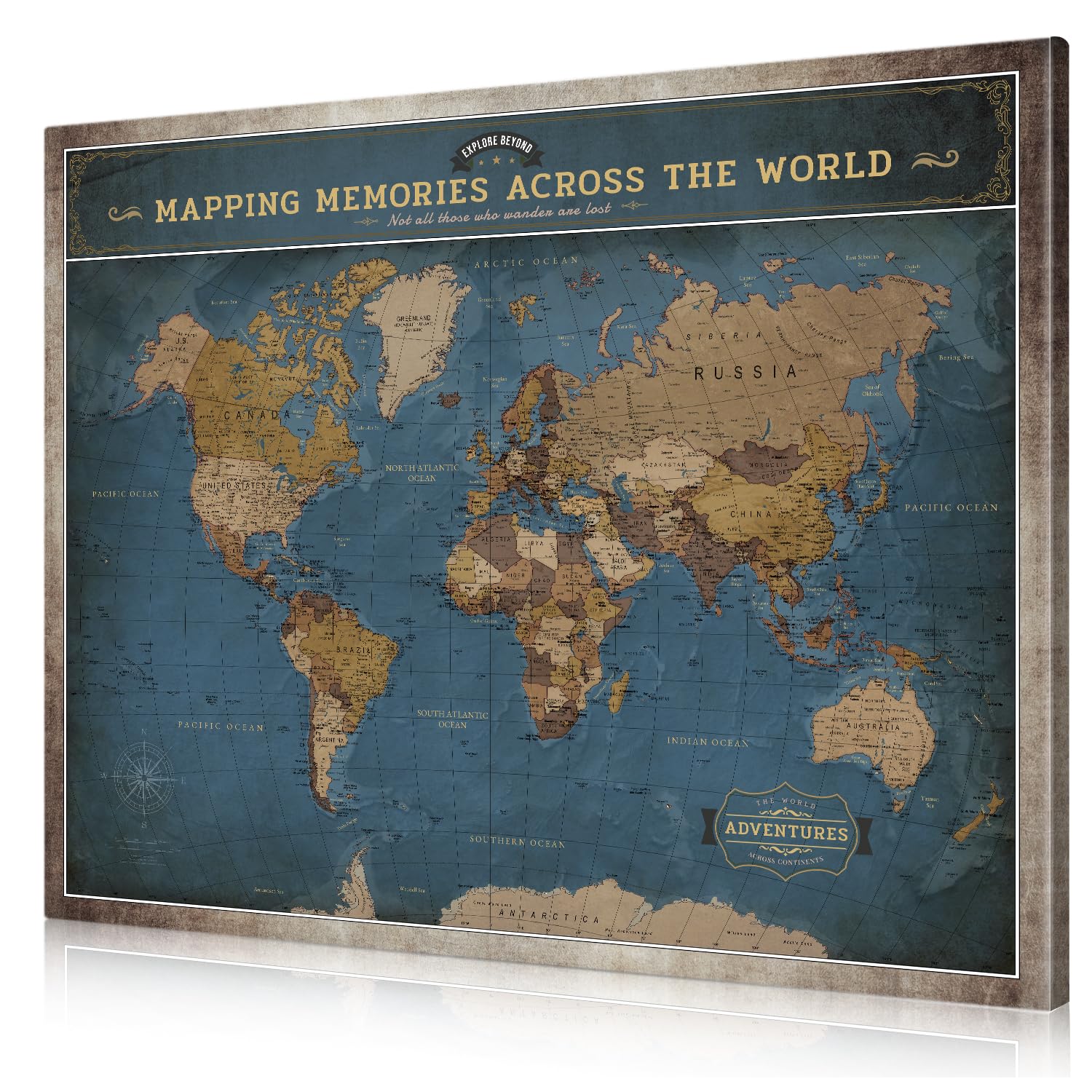 DECORARTS World Maps for Wall, Deep Blue World Map Canvas, 35x28''