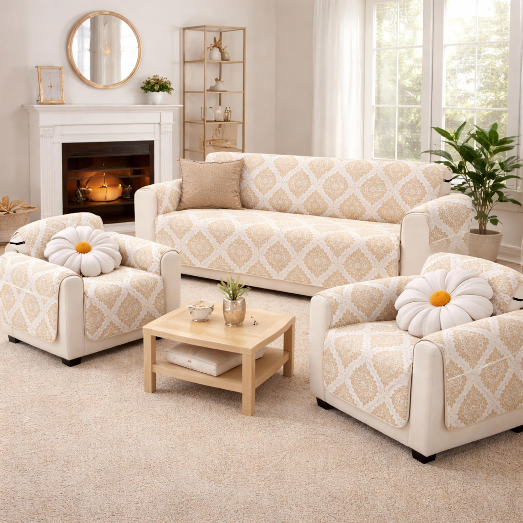 Quilted Sofa Cover 5 Seater | Sofa Cover with Pockets | Microfiber Sofa Cover | 3+1+1 Seater Sofa Cover with Pockets | Sofa Protector Cover for Living Room (Cream Ogee)-image-10