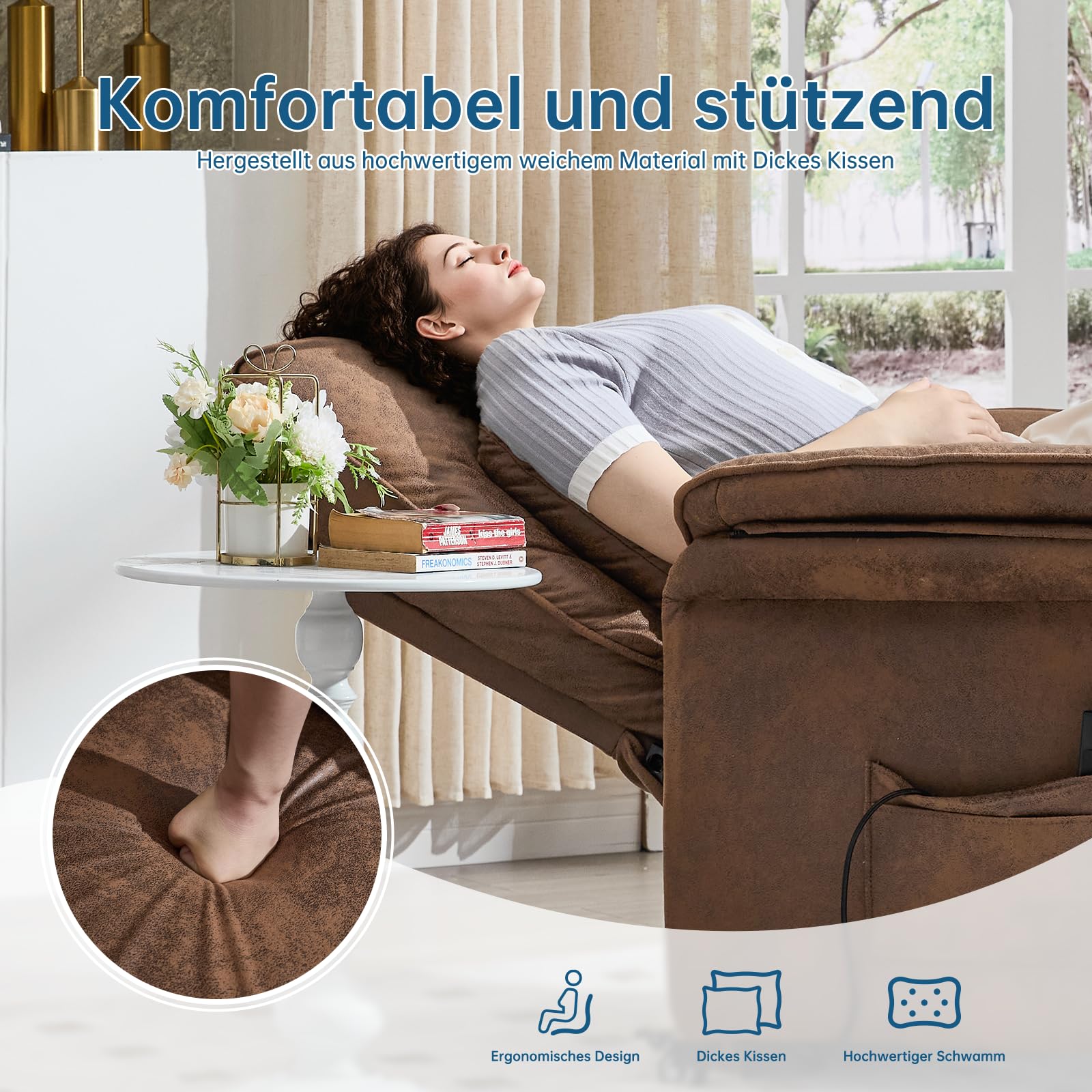2 Motoren Elektrischer Relaxsessel, Fernsehsessel mit Liegefunktion, TV Sessel Wohnzimmer mit Rollen, Verstellbarer Rückenlehne & Fußstütze, 2 Seitentaschen, Recliner Chair, Braun Flockleder