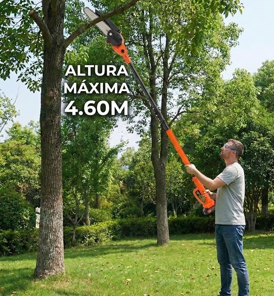 Kit de Poda a Batería con Motosierra, Tijeras Eléctricas y Pértiga Telescópica de 263cm, Incluye 2 Baterías, Cargador y Gafas, para Poda en Altura