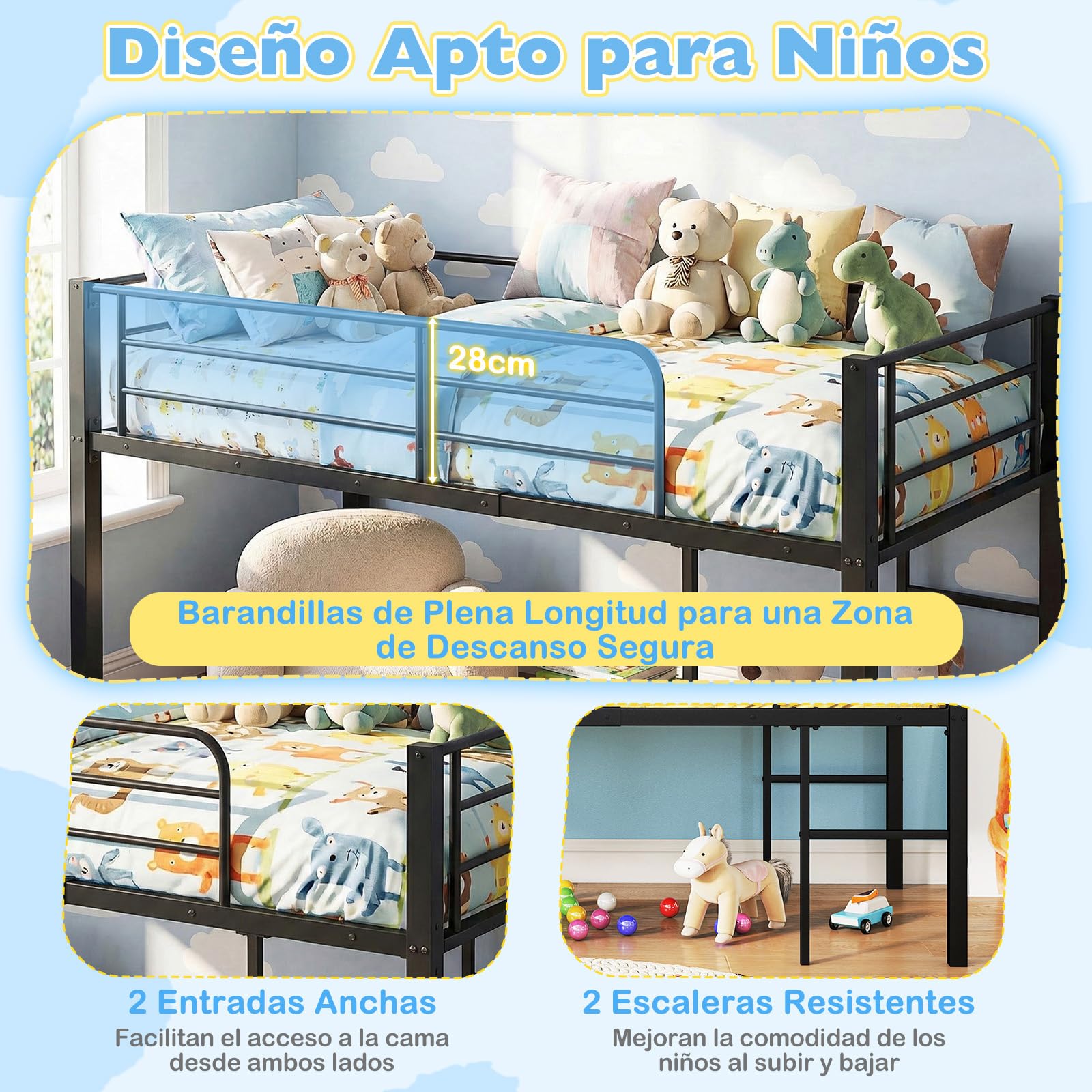 COSTWAY Cama Individual Somier, Estructura Metálica con Barandillas de Seguridad y 2 Escaleras, Listones Metálicos Resistentes para Cama Altillo para Niños, Jóvenes, 198,5 x 96 x 88 cm (Negro)
