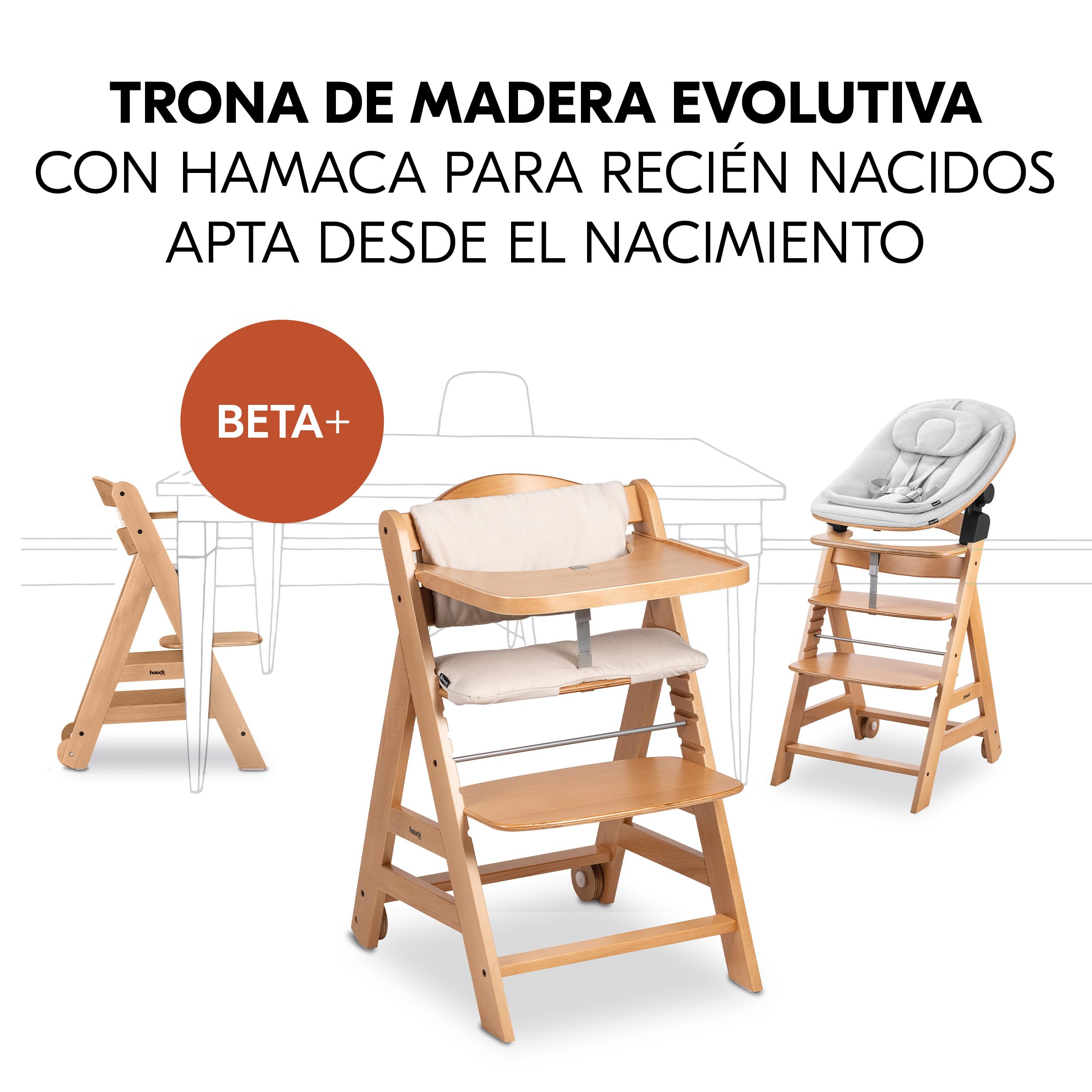 hauck Beta Plus Newborn Set Eco Bouncer Trona de Madera para Bebé desde el Nacimiento - Sillas Tronas para Niños con Hamaca Recién Nacidos Cojín y Bandeja - Natural
