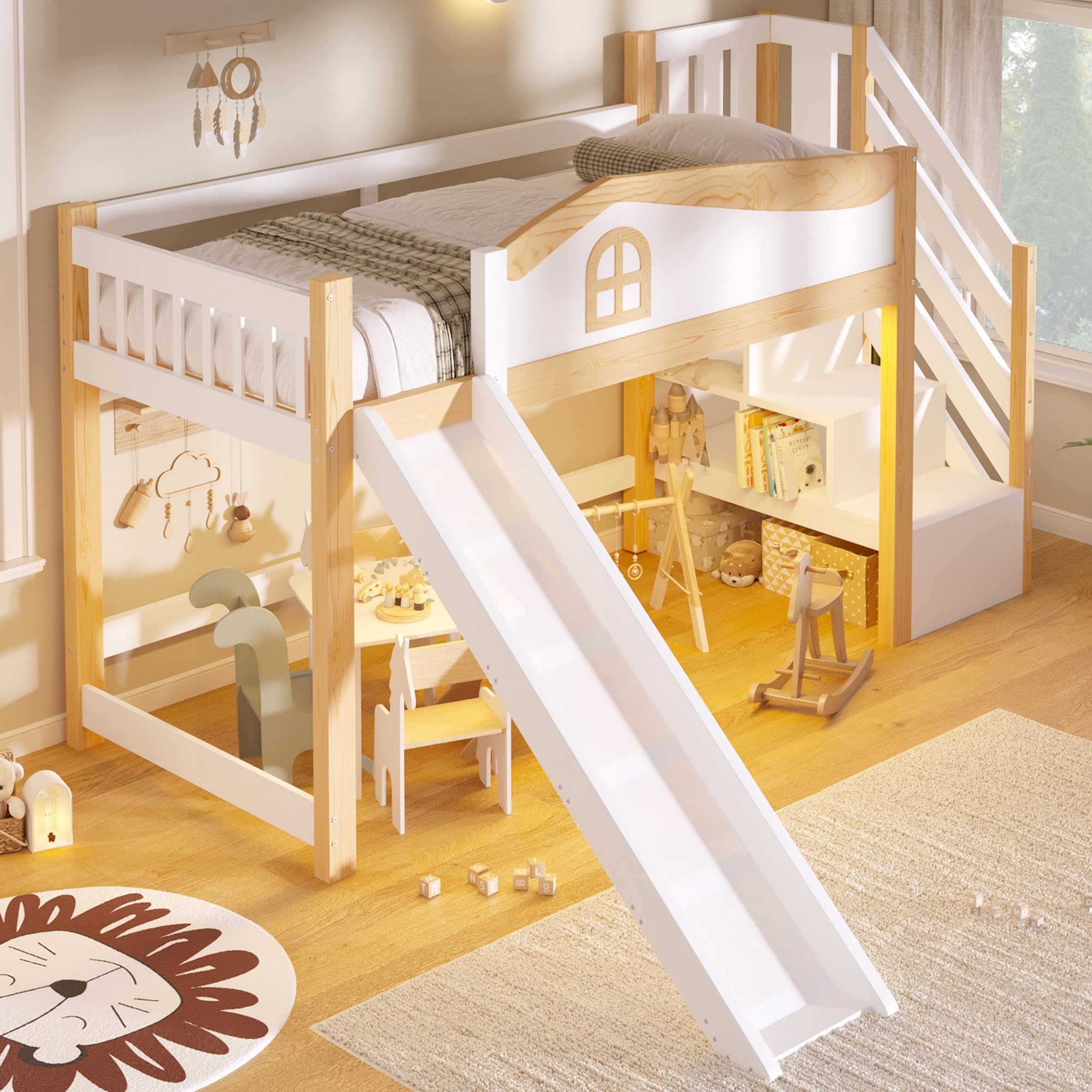 BTM Halbhohes Bett 90x200 Holz Hochbett mit Rutsche, Stauraum Treppe Kinderhochbett mit Rausfallschutz, Weiß + Natur