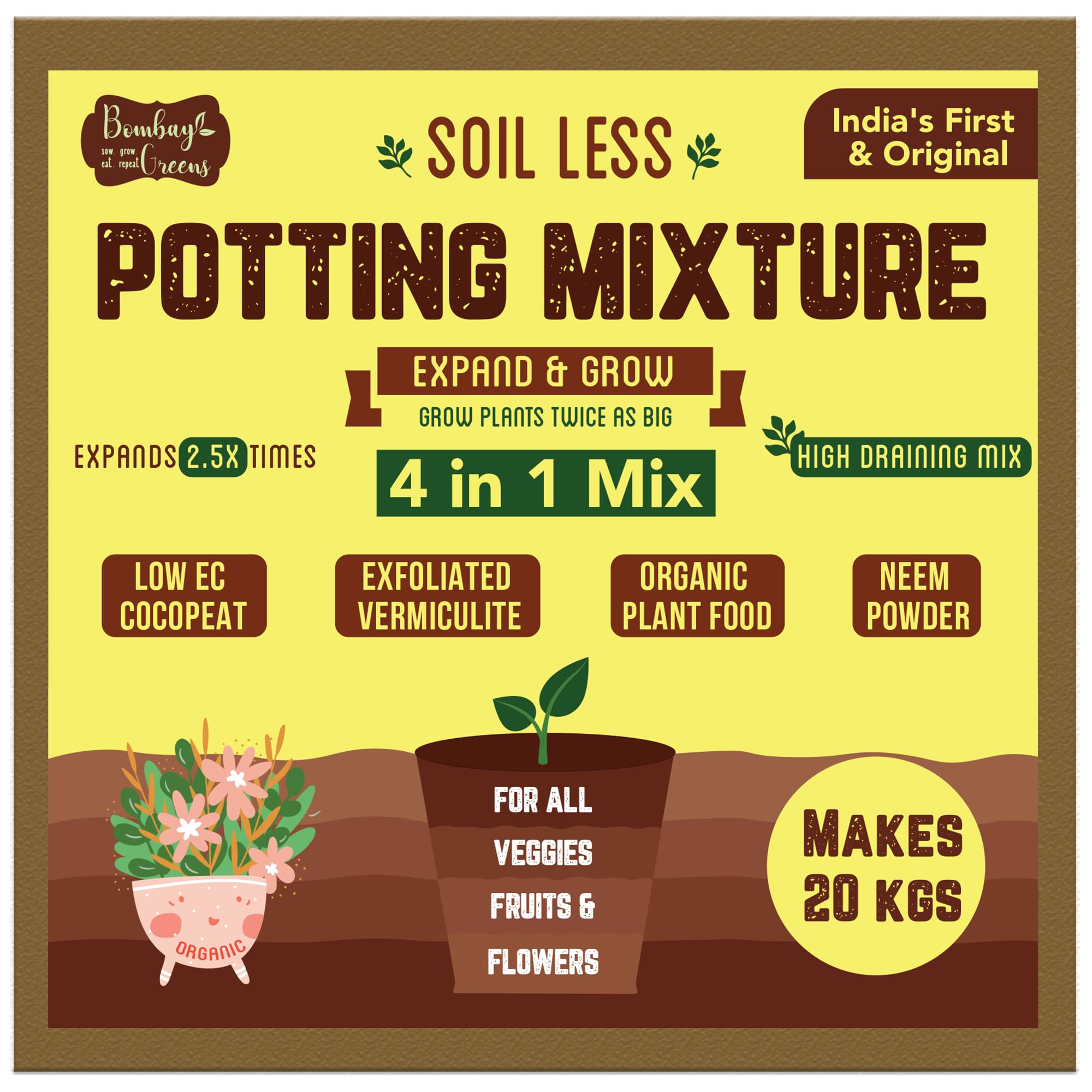 Bombay Greens ; Sow, grow, eat, repeat 20Kg Soil Less 4 in 1 Potting Mixture - Cocopeat,Vermiculite,Neem Khad,Organic Plant Food for Plants|Pot Mix for Home Gardening or Terrace Garden