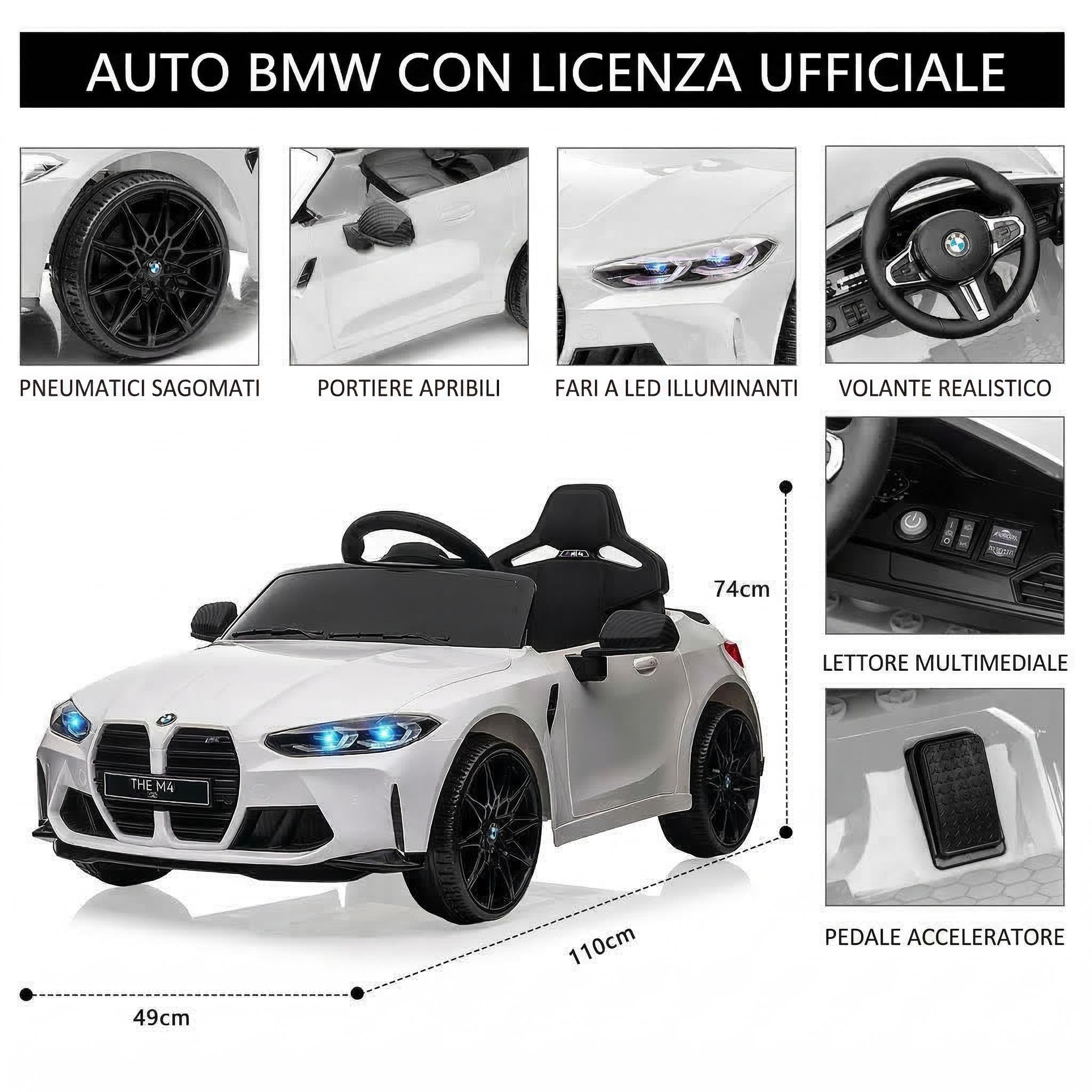 Macchina Elettrica per Bambini 3-6 Anni, BMW M4, Auto Elettrica Macchina 12V con Telecomando Parentale 2,4G, Luci LED, Suoni Realistici, Soft Start e Cintura di Sicurezza, Bianco