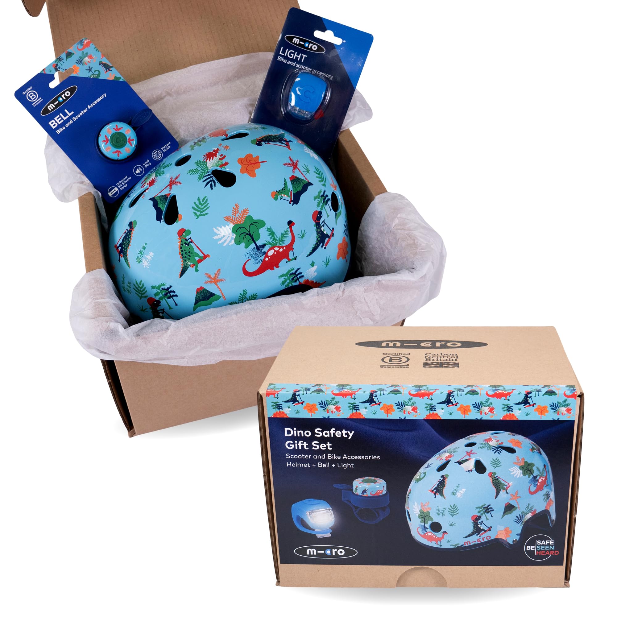 Micro Scooters | Safety Accessory Gift Set | Helmet, Light and Bell | Cycling & Scooter Accessories | Boys & Girls | Dino Print