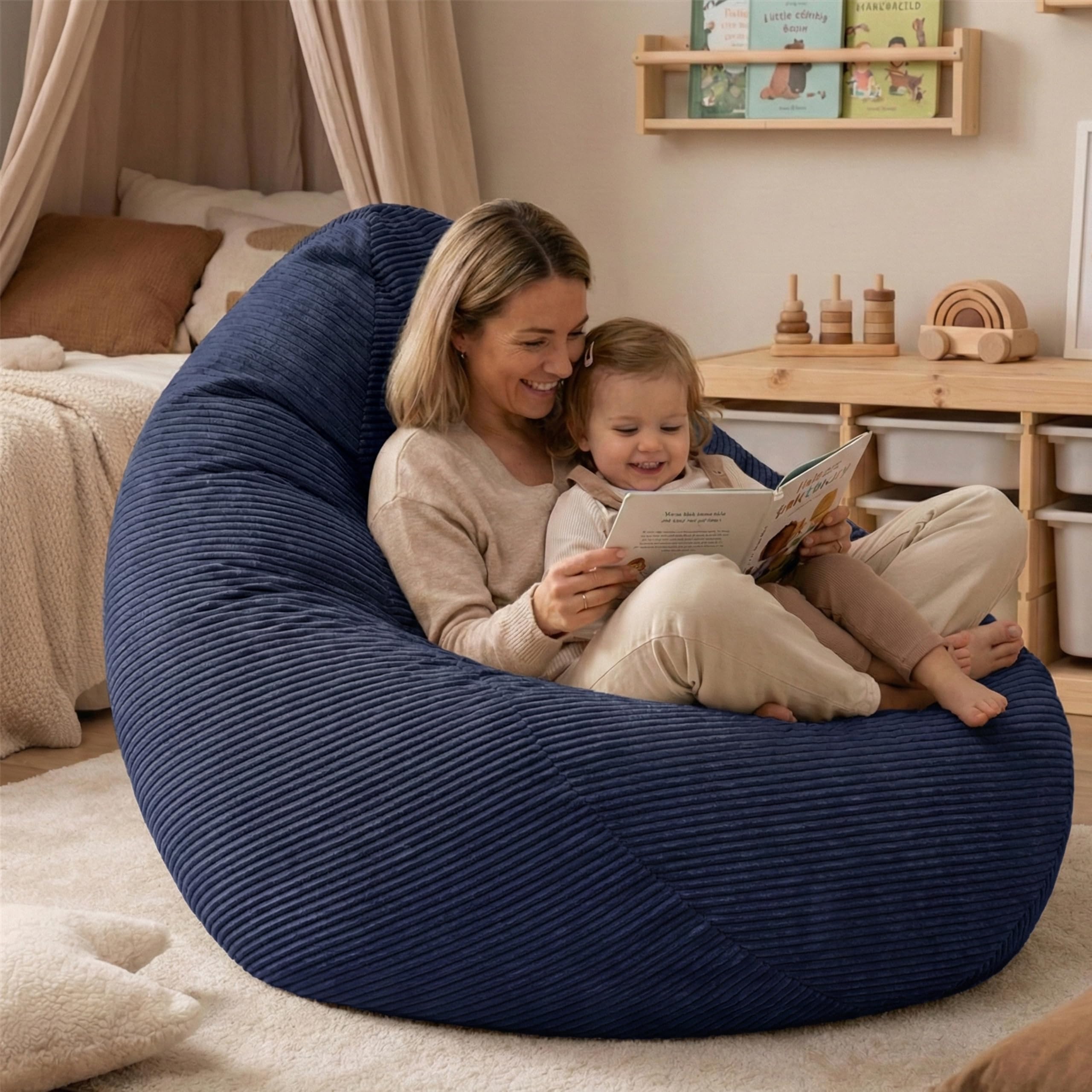 BuBiBag Premium Sitzsack Cord XXL – Fertig befüllt & Oeko-Tex Zertifiziert – Kratzfester Breitcord Gaming Sessel – Robuster Bean Bag für Kinder & Erwachsene – Pflegeleicht (Navyblue 120x95cm)