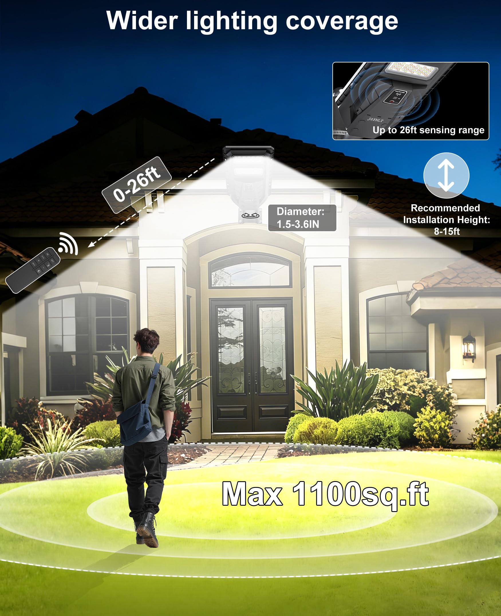 JAYNLT Lampione Solare LED Esterno, 3000K/4000K/6500K Faretto Led da Esterno con Sensore di Movimento, IP67 Impermeabile Faro Solare per Giardino Cortile Garage (2 Pezzi)
