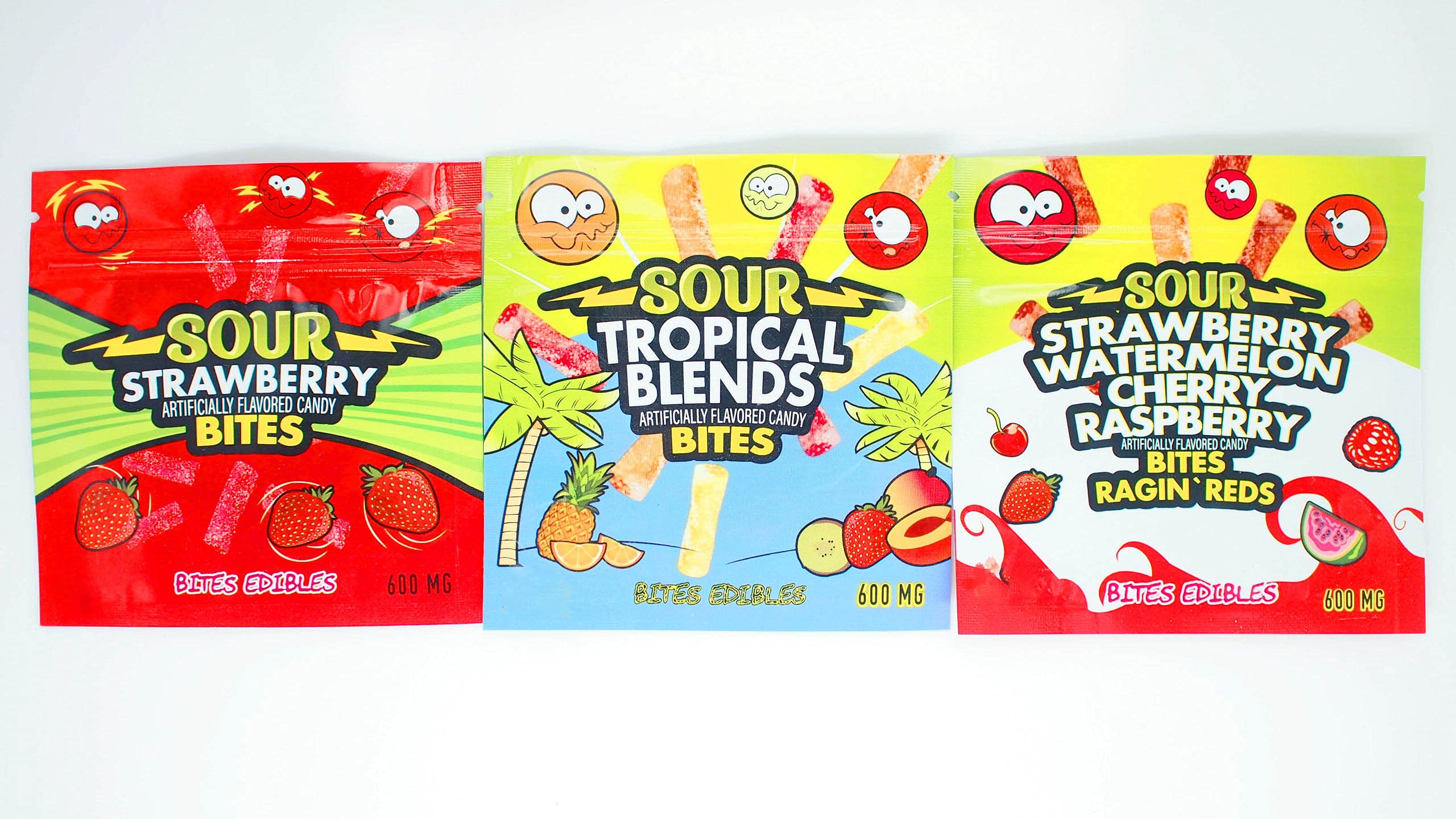 Buy 100 PCS Mixed 3 Flavor 600mg Mylar Pouch Sour Bites Edibles Ragin