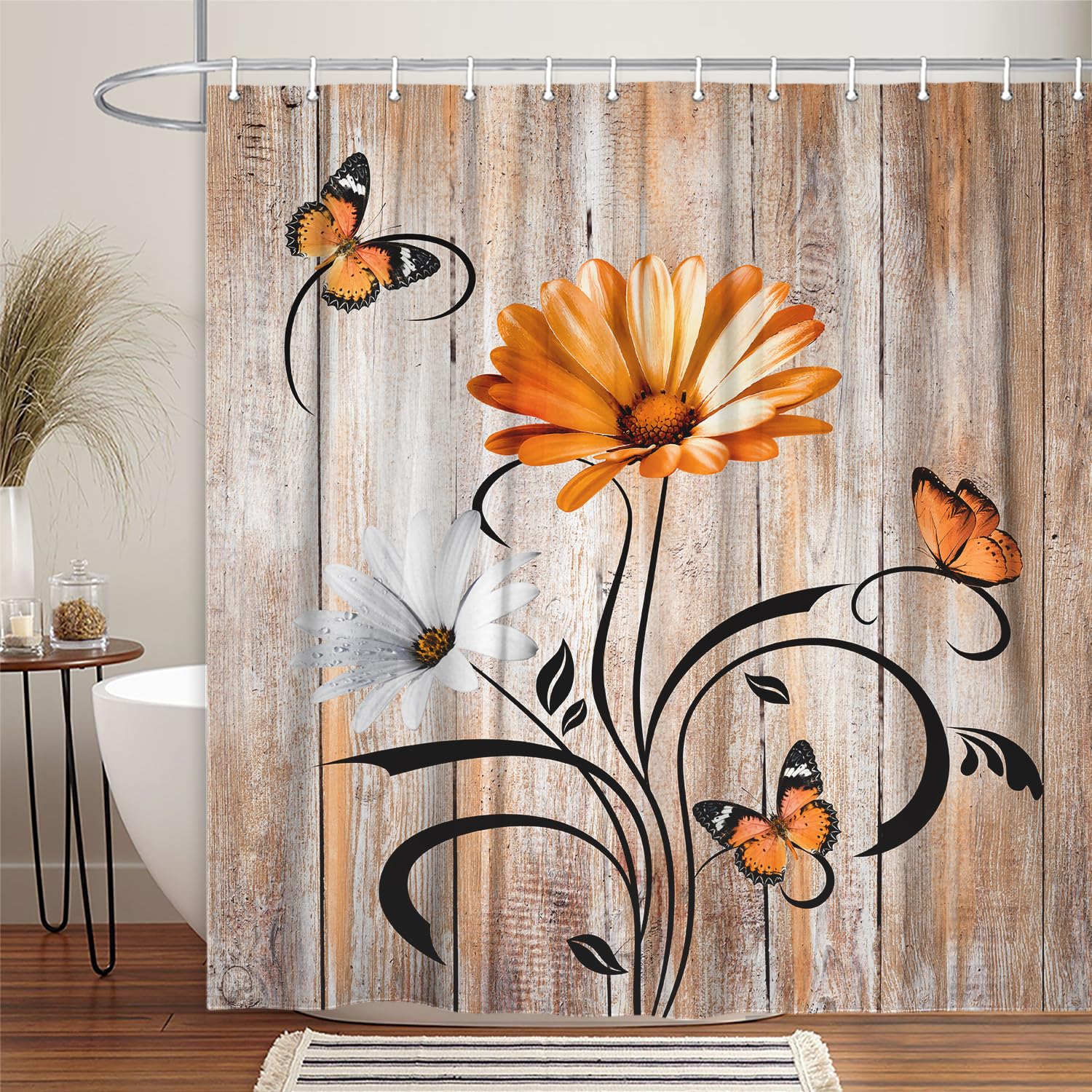 Rustic Farmhouse Floral Shower Curtain,Boho Orange Daisy Flowers Butterfly on Country Wooden Bath Curtains for Bathroom,Fabric Wildflower Farm