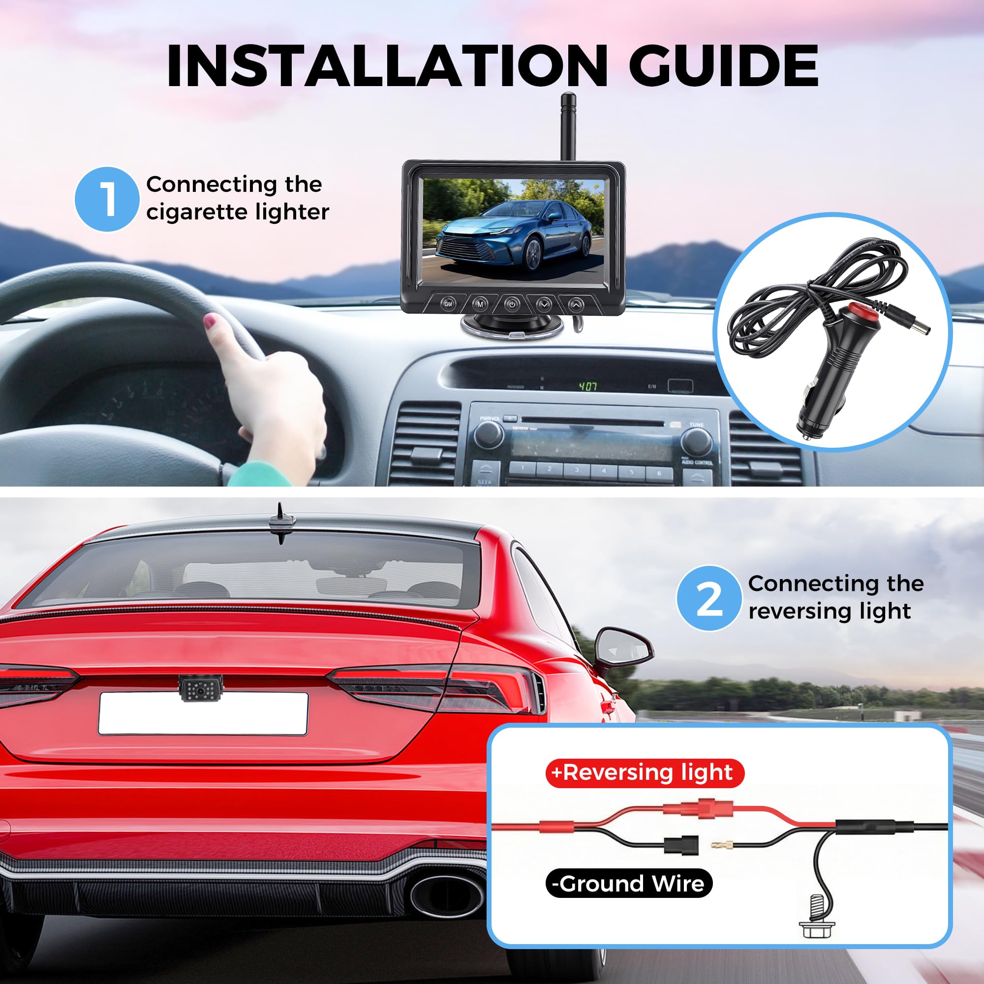 Kit de caméra de recul sans fil native 1080p avec écran LCD de 12,7 cm, caméra de recul HD, lignes de guidage de stationnement, vision nocturne infrarouge, étanchéité IP69K pour voiture