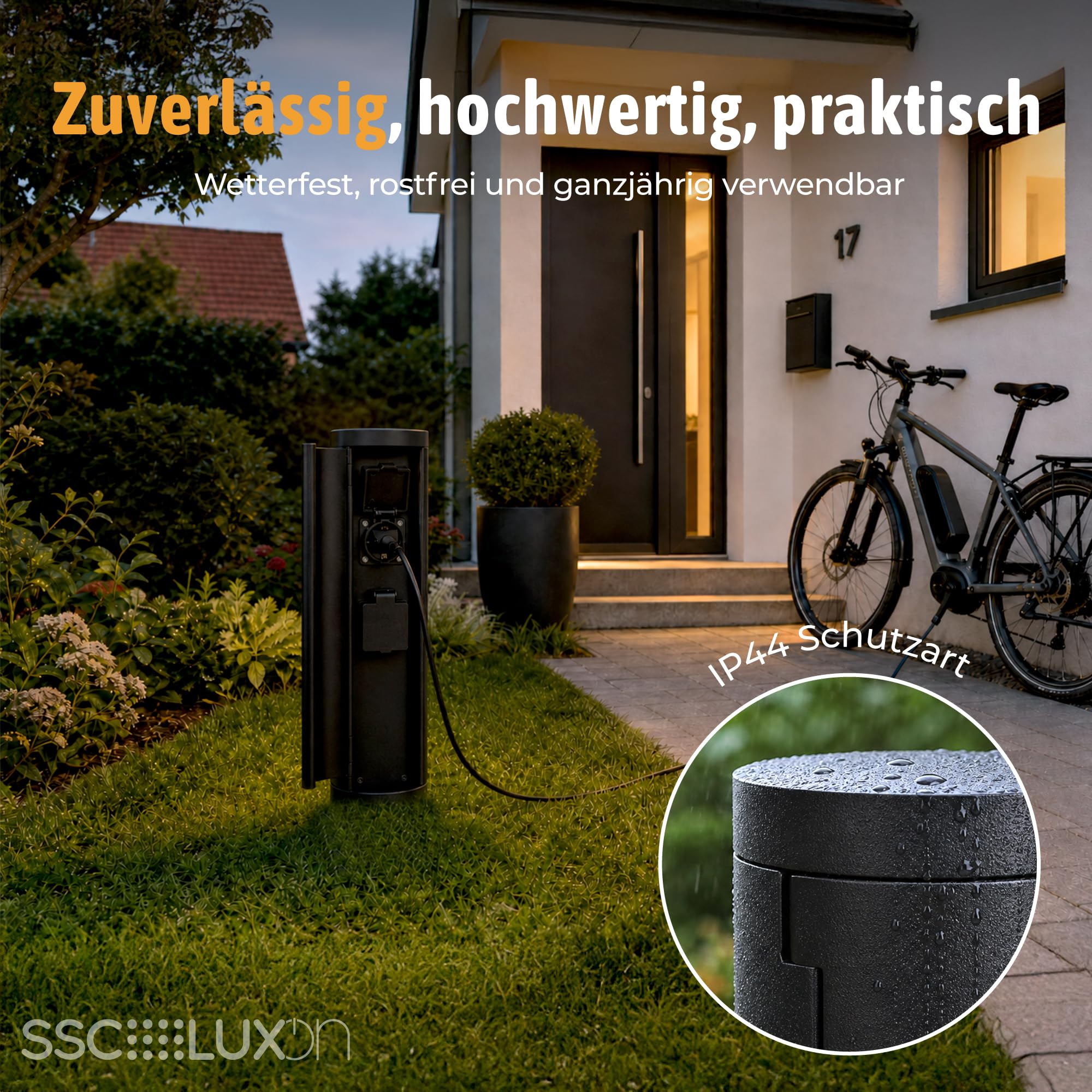 SSC-LUXon PALISO Design - Colonna di prese con 2 prese per giardino ed esterno, colonna di alimentazione con porta, colore: nero, IP44, altezza 39,5 cm