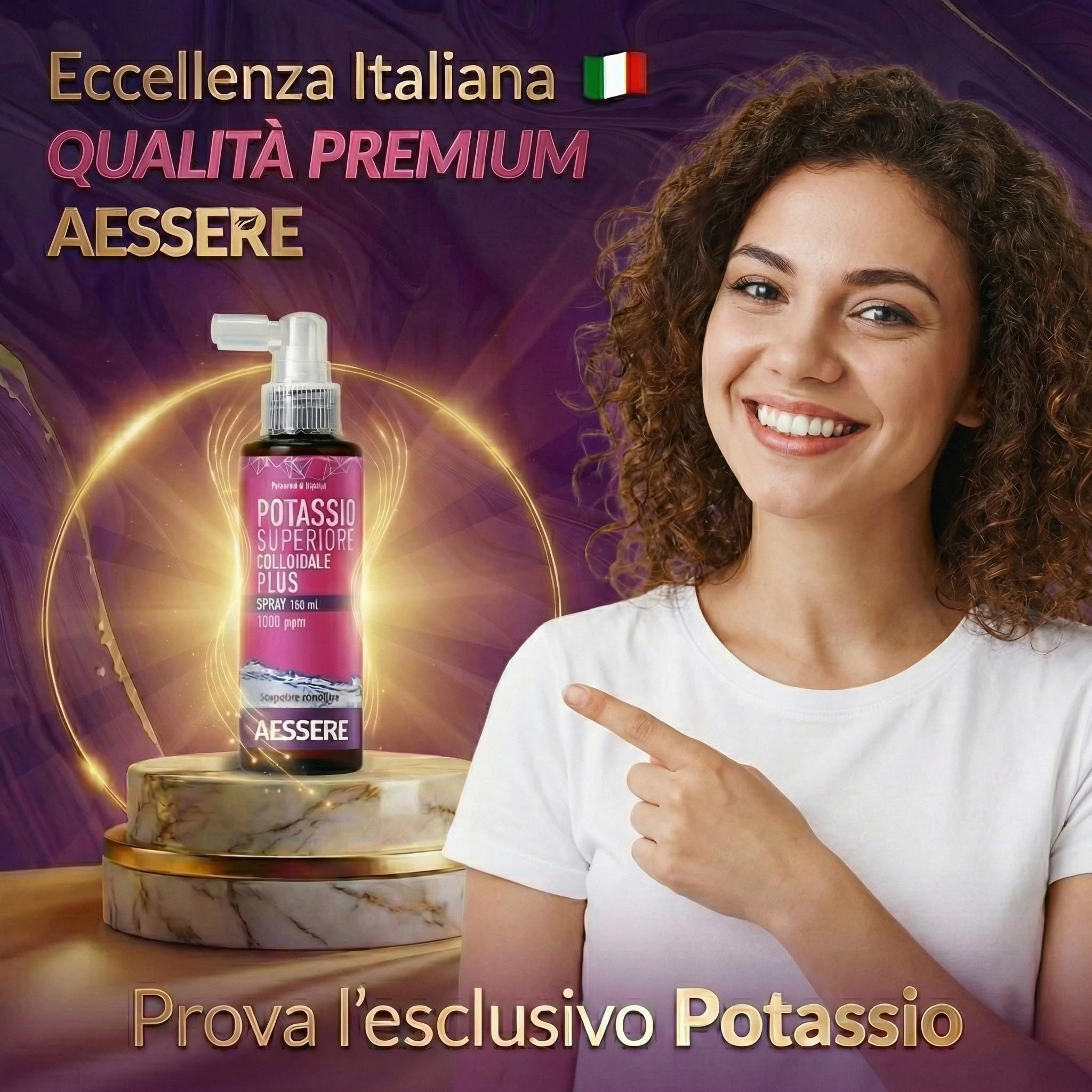 Potassio Colloidale Spray - Integratore di Potassio Plus ad Alta Biodisponibilità 1000 ppm Supporto per Crampi, Muscoli e Sistema Nervoso, Senza Zuccheri, Gusto Neutro - Made in Italy- Aessere 100ml