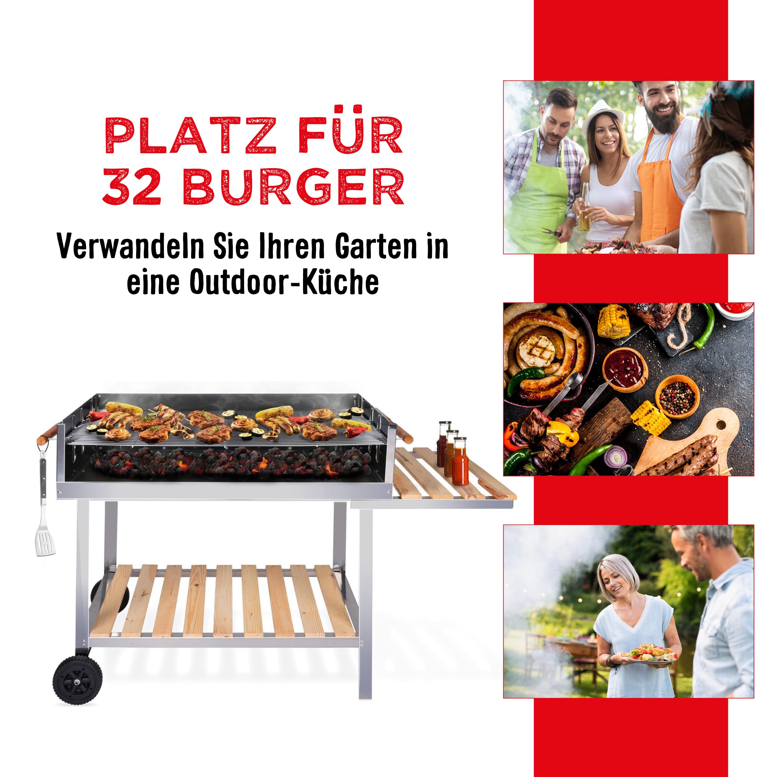 BBQ Collection Holzkohlegrill - BBQ mit Tisch - Gartenküchen Barbecue in höhenverstellbar - 98 x 56 x 85 cm