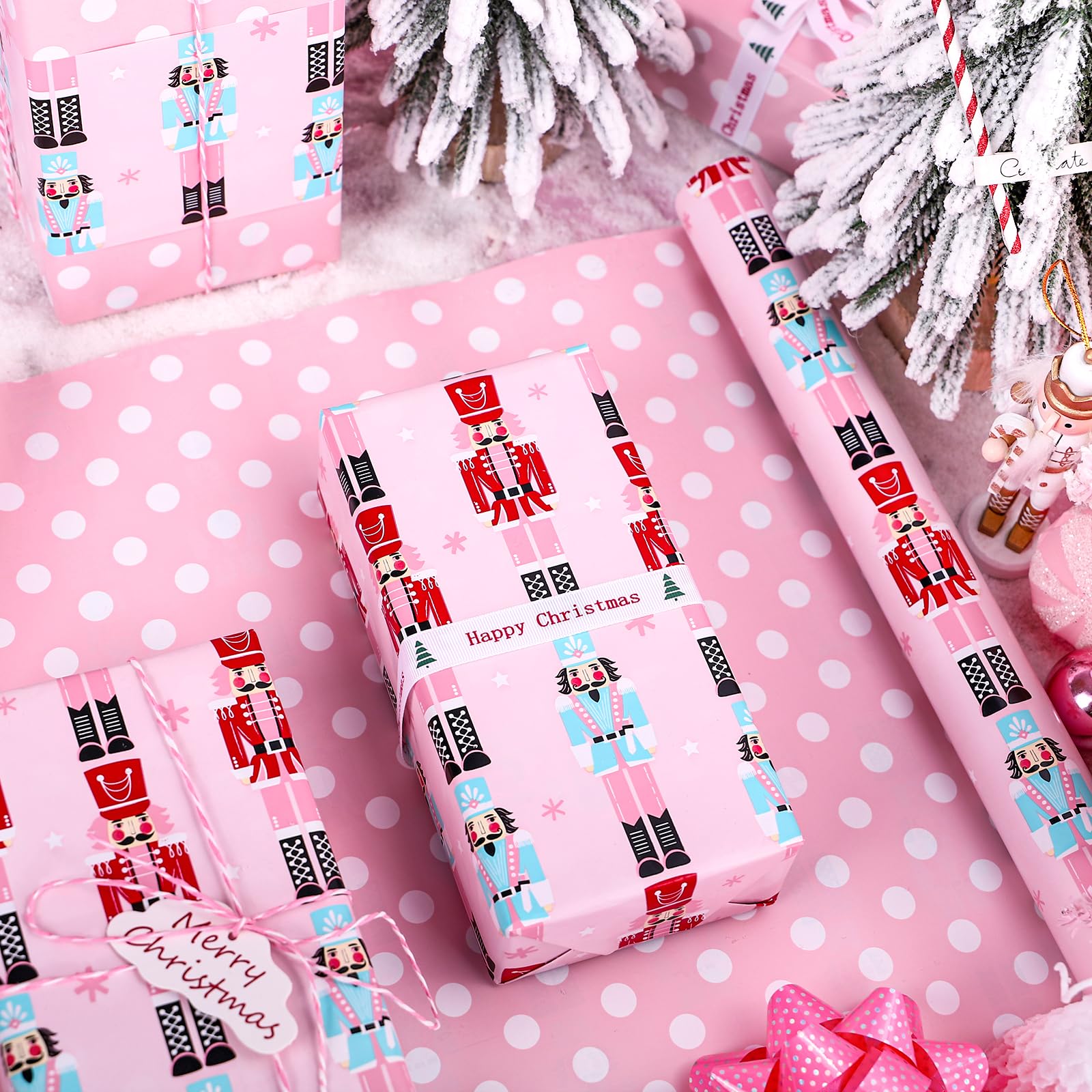 WRAPAHOLIC Wendbares Weihnachts-Geschenkpapier, 76,2 cm x 30 m, Jumbo-Rolle, rosa Nussknacker und Punkte-Design