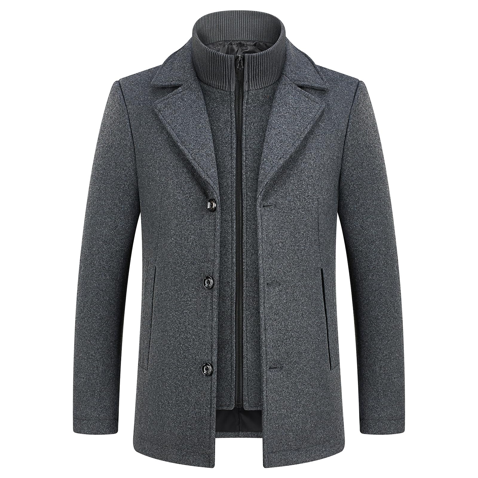 Herren Mantel und gepolsterte Weste 2-in-1 mittellanger Wintermantel | Wollmix-Mantel mit einreihigen Knöpfen, Business und Freizeit, geeignet für Büro, Pendeln und Alltag im Winter