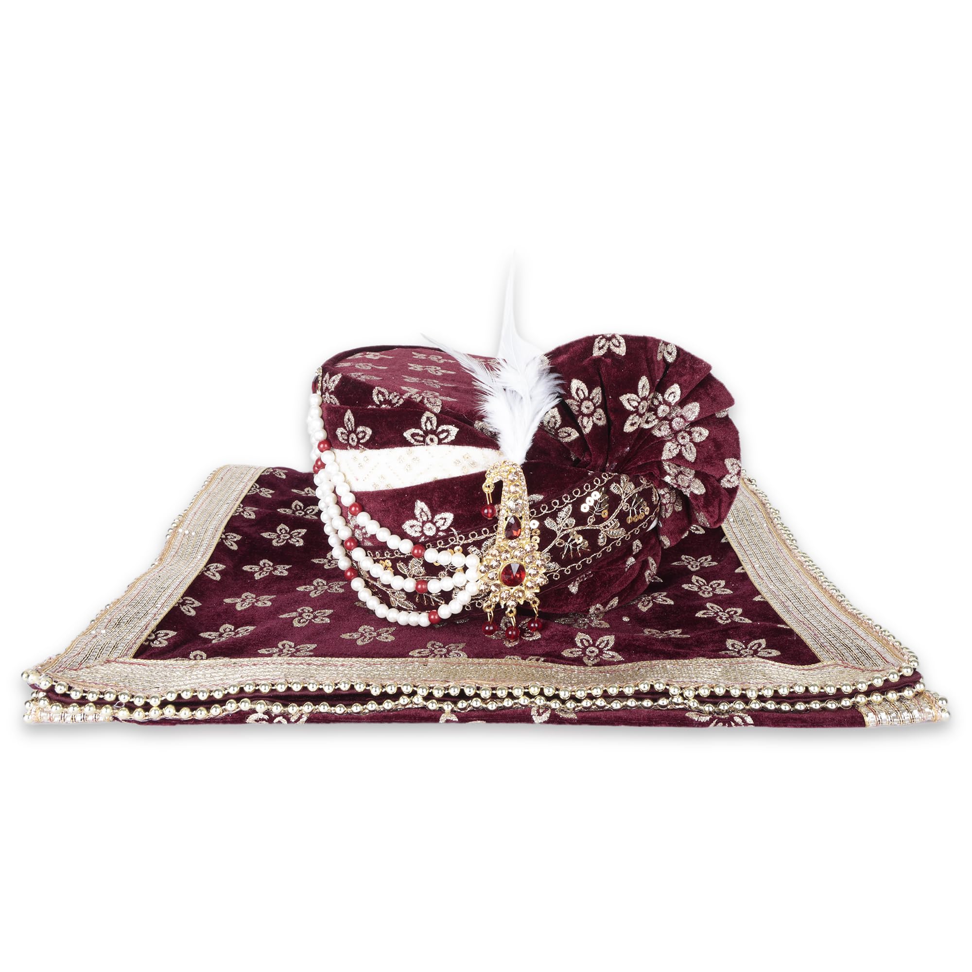 fashion weds Men Cotton Blend Printed Groom's Safa Shawl Stole Set, Wedding Safa, Pagri with Velvet Stole For Groom Marriage (Maroon)-picture-33