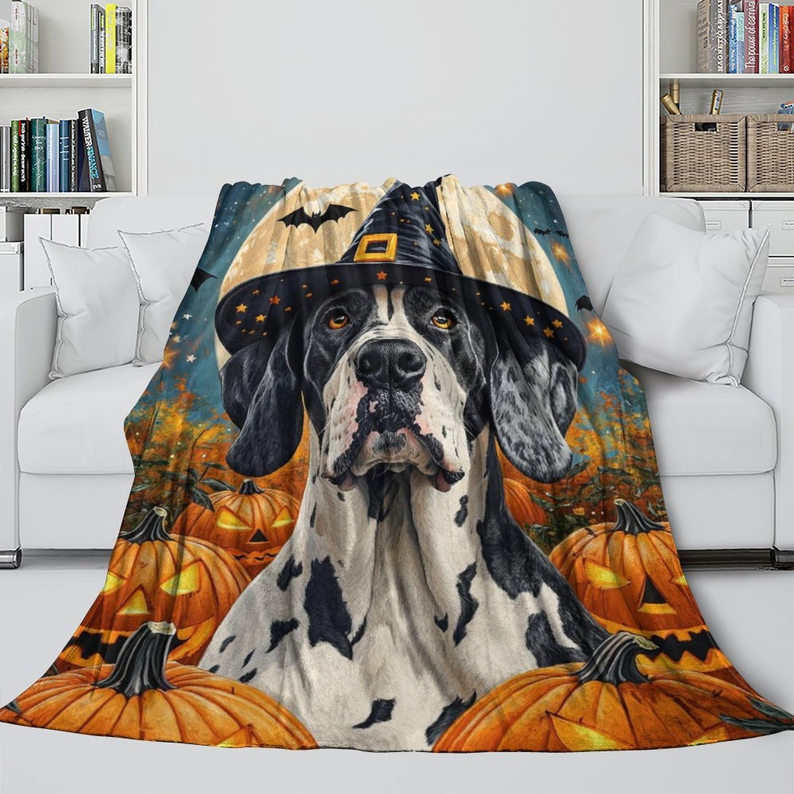 Dalmate Chien Couverture Douillette en Flanelle Polaire 3D Citrouilles éclairées Couverture De Canapé Douce Et Duveteux pour Canapé Et Salon 70x80inch(180x200cm)