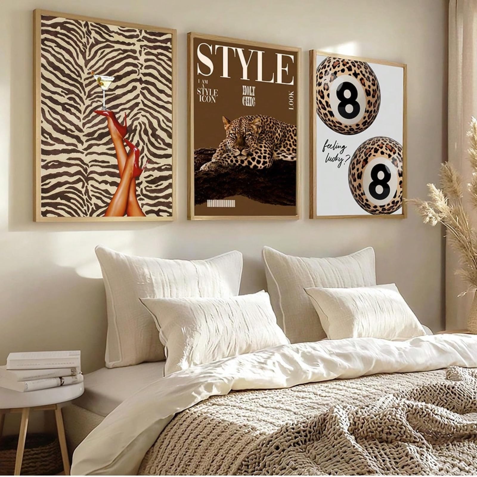 ZBELLO Set of 3 Posters, Zebra and Leopard Fashion Canvas Wall Art, Frameless Feeling Lucky? Typography Print for Modern Living Room Bedroom Glam Decor (40 x 50 cm (unframed))