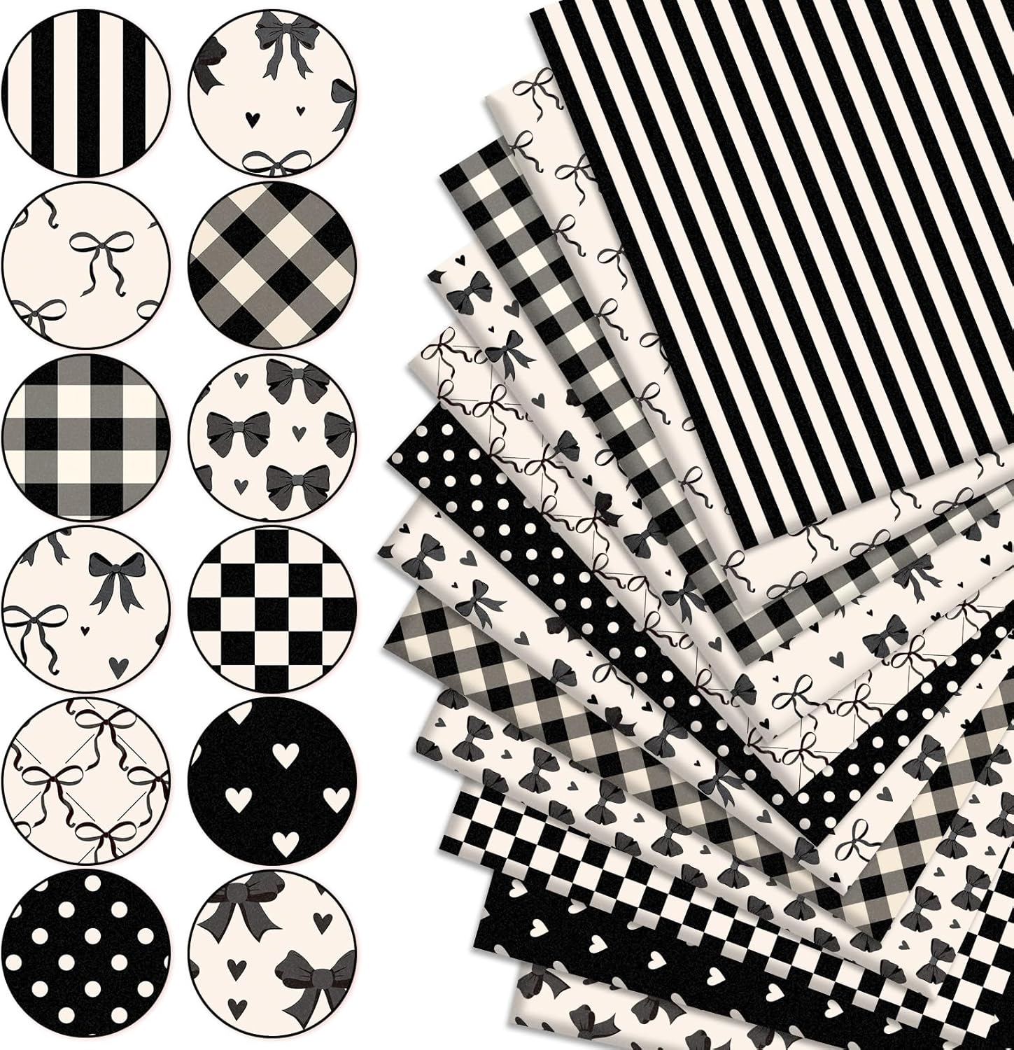 JarThenaAMCS 12Pcs Bow Cotton Fabric Bundles 18 x 22 Inch Plaid Dot Stripe Heart Bow Fat Quarters Black Milky White Sewing Fabrics for Halloween DIY Craft Party Decor