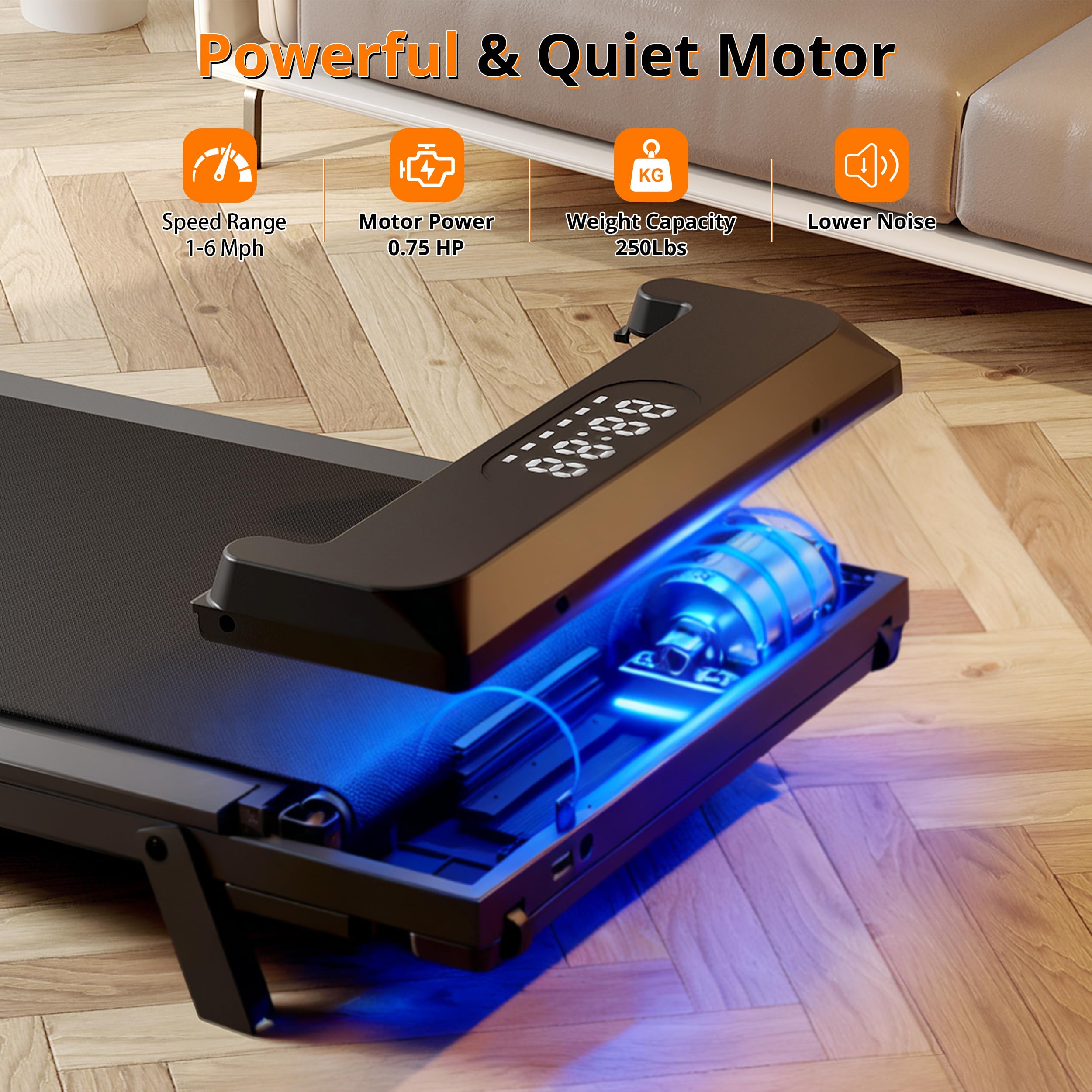 Cinta de Correr, Walking Pad 2 en 1 Debajo del Escritorio, Bajo Ruido,Peso Soportado de 110 kg, Cinta de Andar Ritmo de 1 a 6 km/h, Control Remoto y Pantalla LED. (No Hay Vallas) | Luz RGB, audio inalámbrico Bluetooth y conexión por aplicación, máximo de