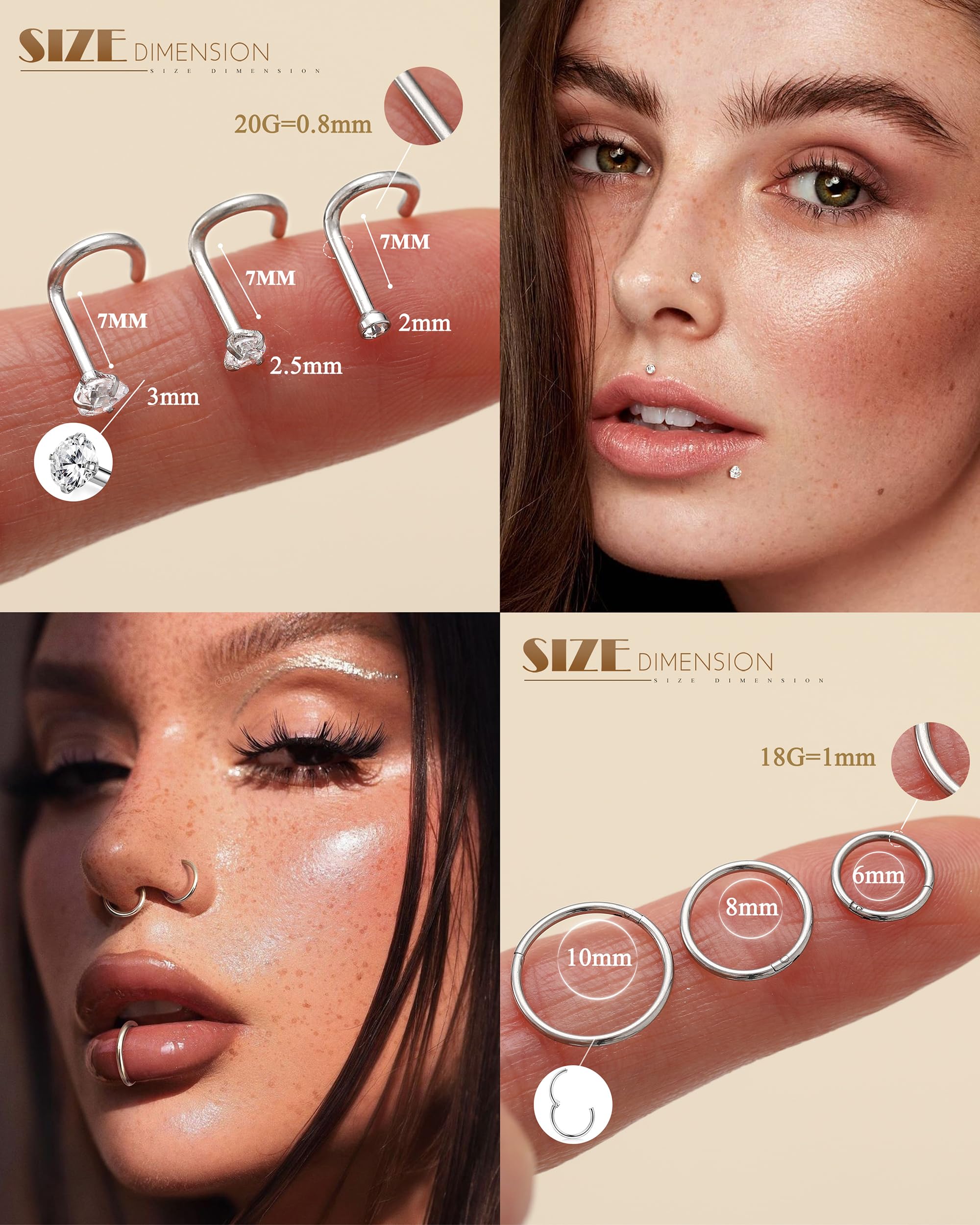 YADOCA 15 Piezas Piercing Nariz Acero Quirúrgico Hipoalergénico Anillos de Nariz Plata Oro Joyería Nostril