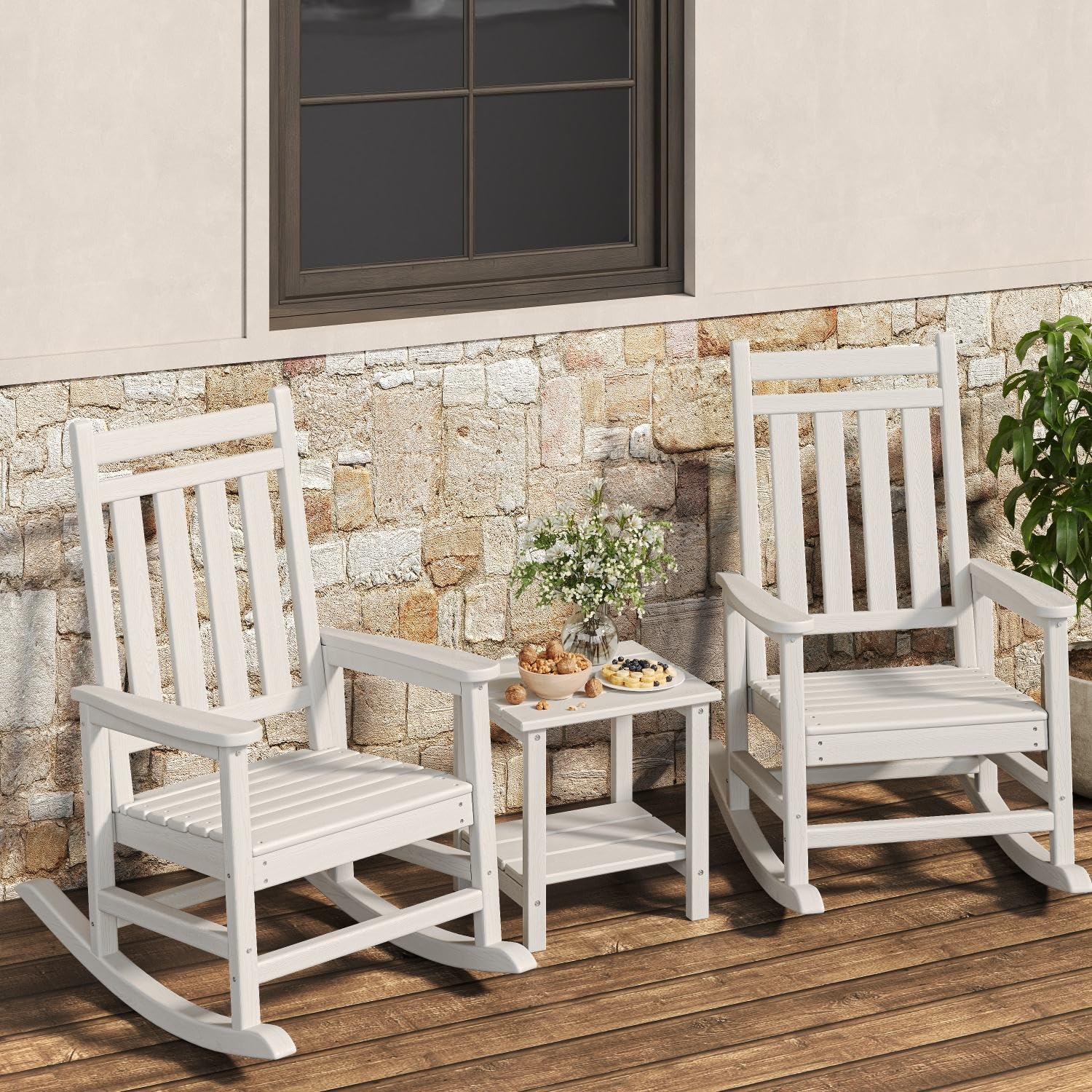 HDPE Rocking Chair Outdoor Set of 2 with Side Table - Poly High Back Porch Rocker Chairs for Adults - All Weather Resistant Furniture for Patio Front Porch - White