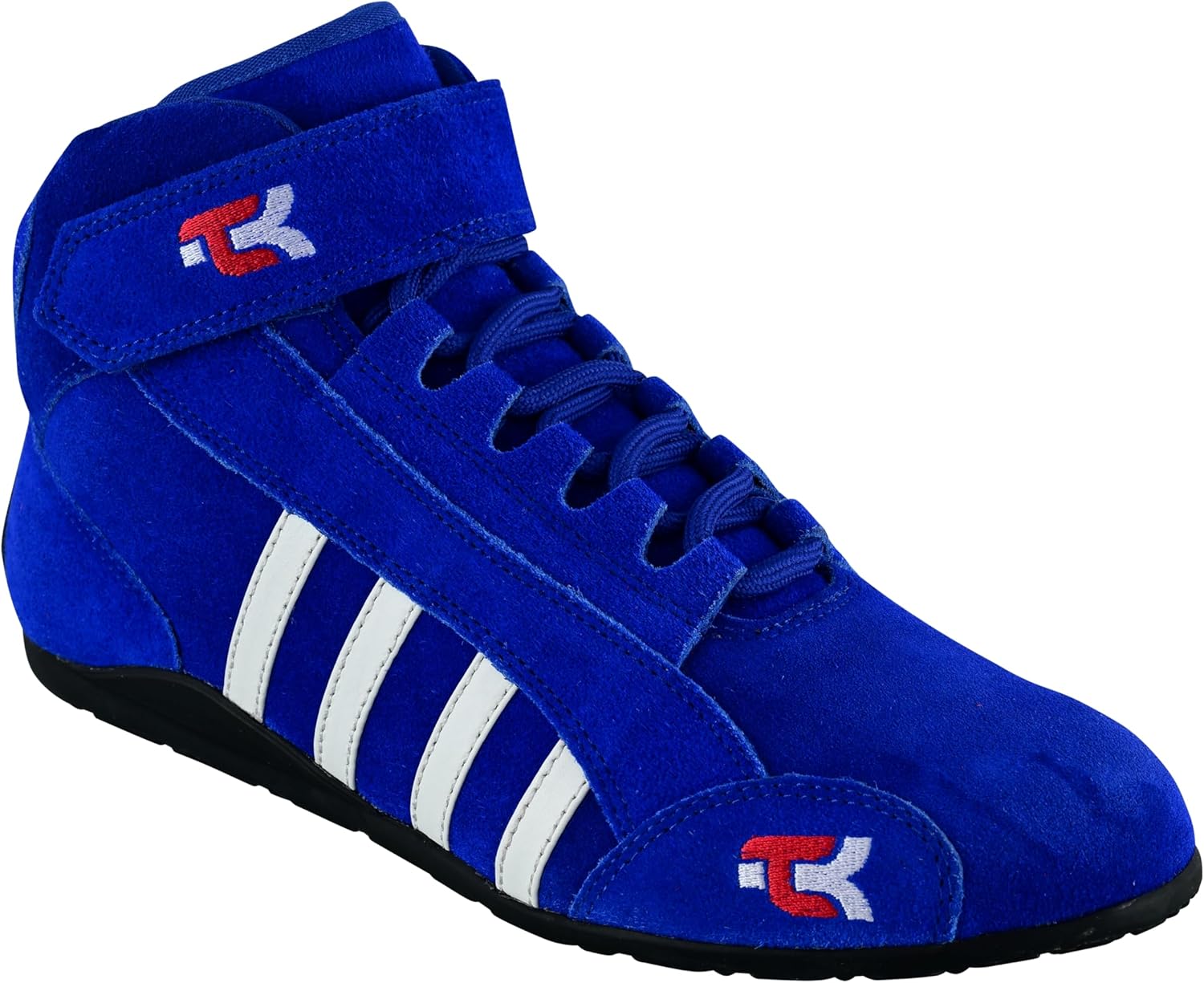 TK Karting Boots, High-Grip Sole, Medium Cut with Strap, Leather Go Kart Racing Shoes Black Red Blue