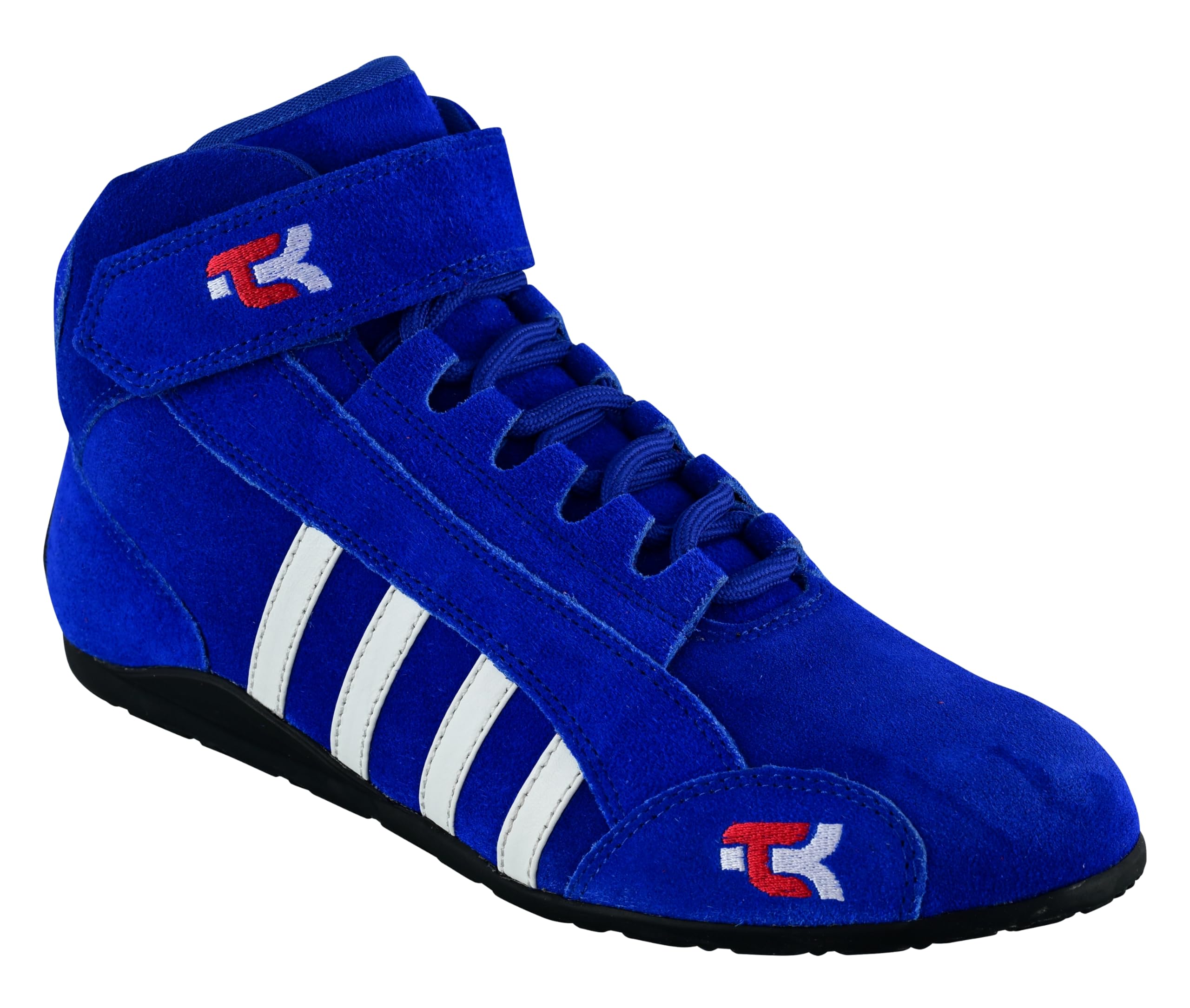 TK Karting Boots, High-Grip Sole, Medium Cut with Strap, Leather Go Kart Racing Shoes Black Red Blue