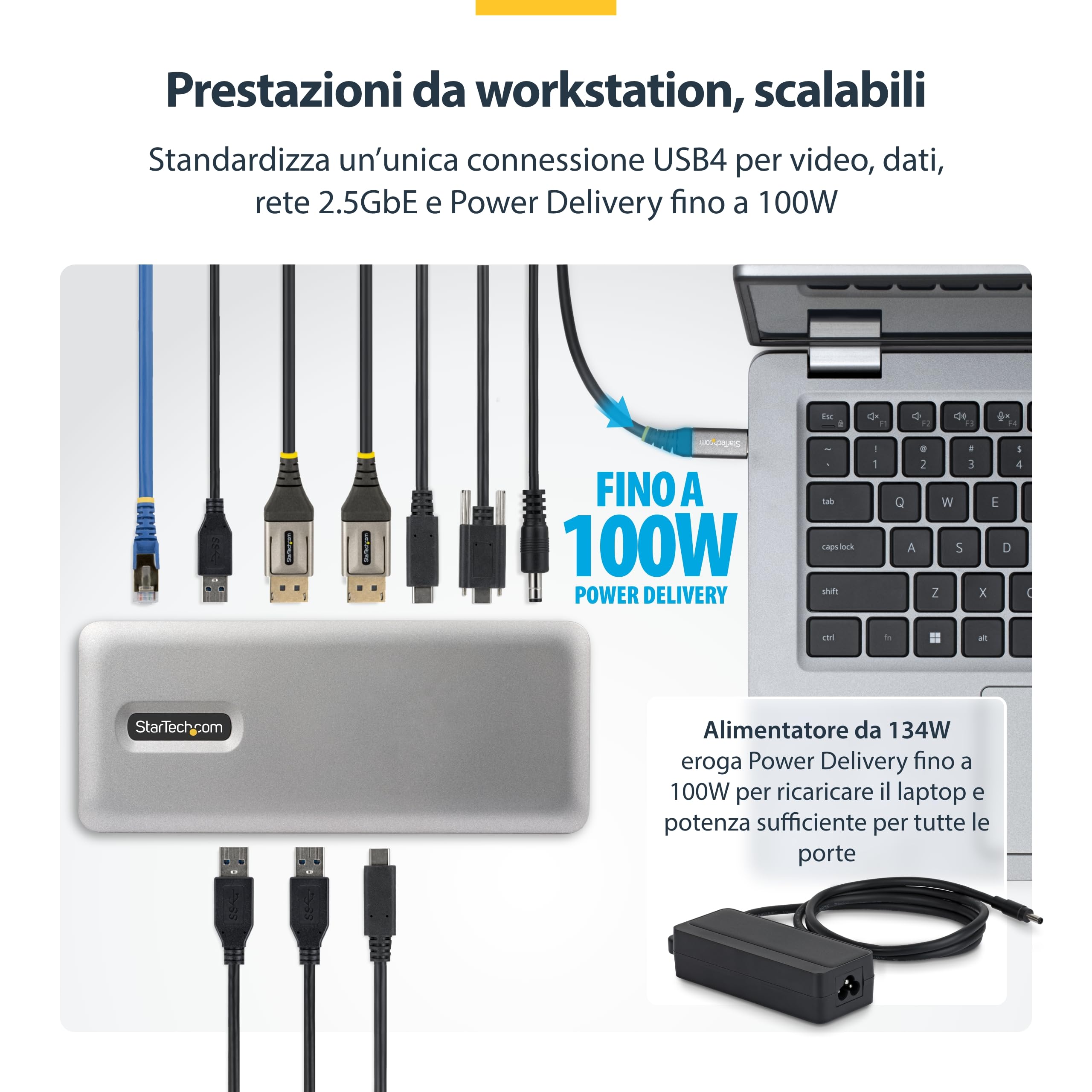 StarTech Docking Station USB4, Doppio Monitor 4K senza Driver per macOS e Windows, Dock USB-C Universale con Power Delivery da 100W per Laptop, Ethernet 2,5GbE