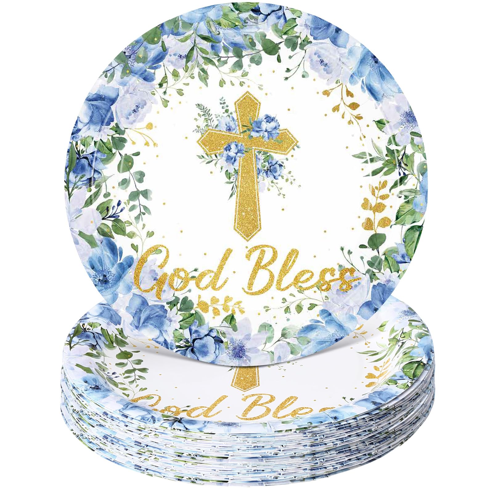 Zopeal 80 Pcs 7 Inch Baptism Plates God Bless Baptism Decorations First Holy Communion Tableware Disposable Plates for Baby Shower Newborn Christening