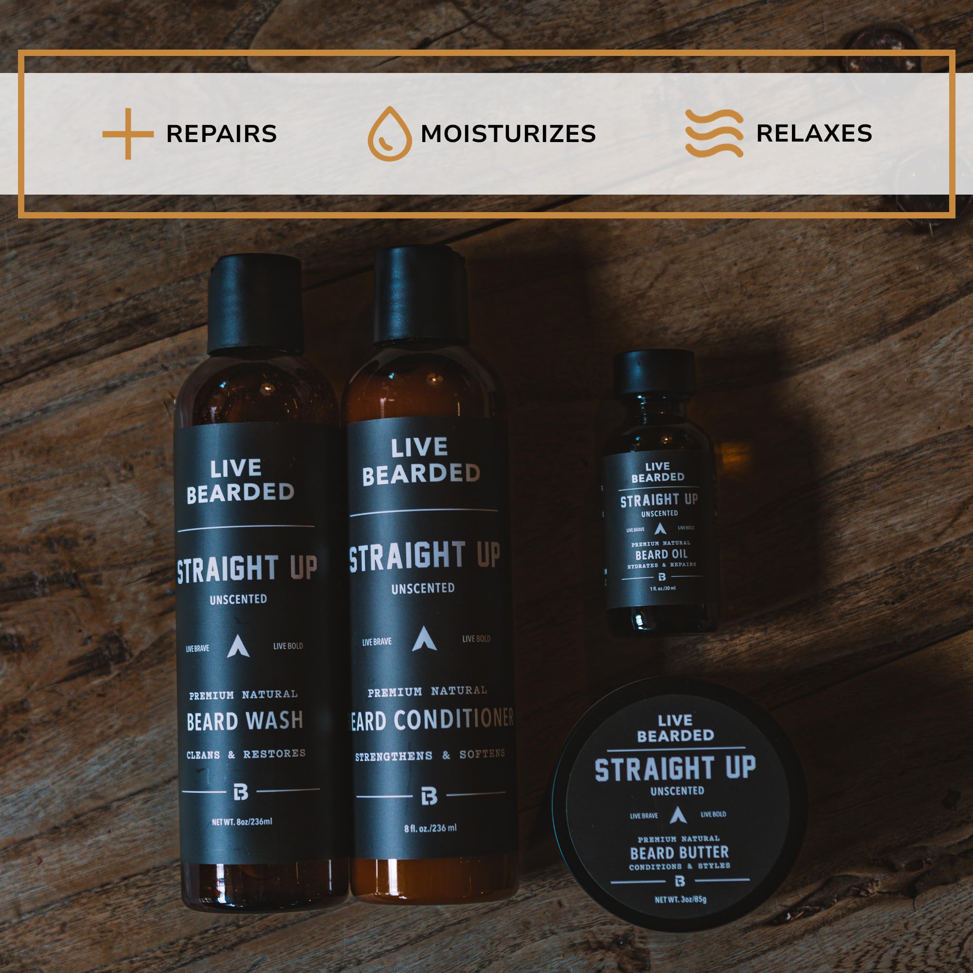 Live Bearded Complete Beard Grooming Kit - Wash, Conditioner, Butter and Oil - Made in the USA with All-Natural Ingredients - Mens Groom Set | Straight Up Unscented - Fragrance-Free