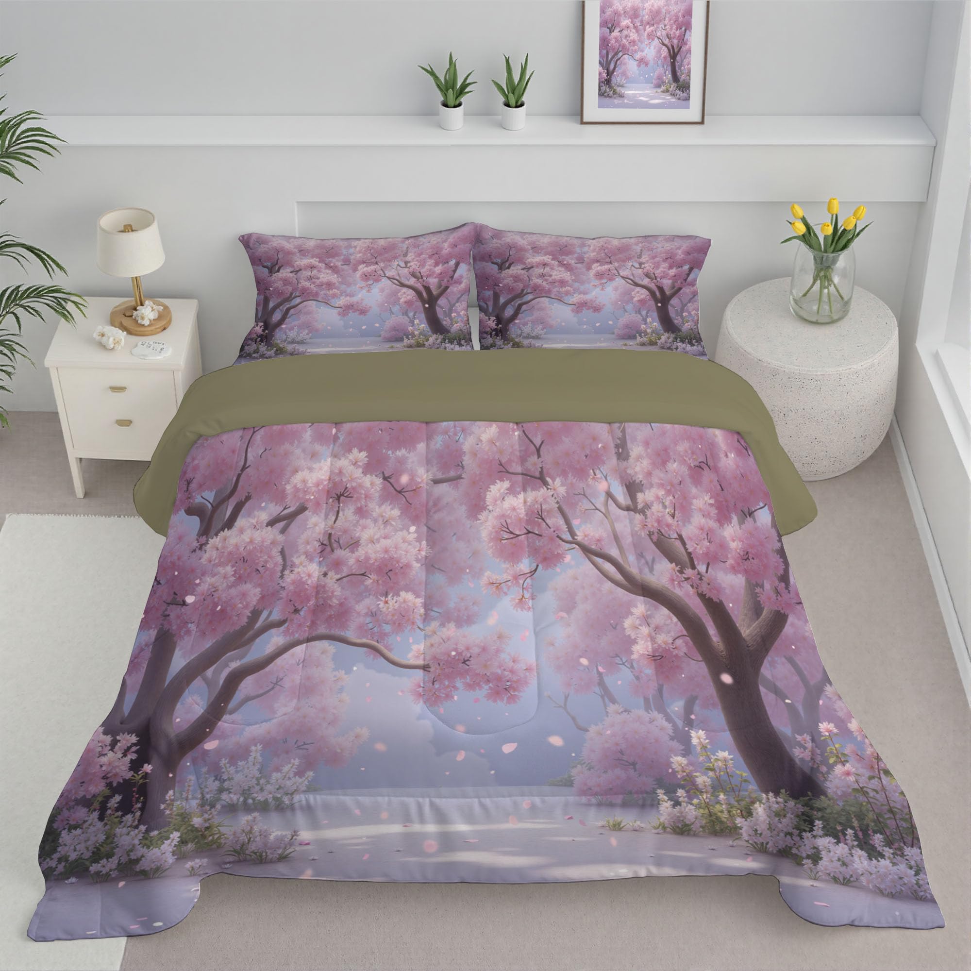 Edredón Relleno Nórdico Cama 90,Edredón de Fibra 200gr/m², 140x200cm 4 Estaciones Estampado Acuarela Bosque Cerezos En Flor 3D Edredón Pétalos Ensueño De Mariposa Suave y Ligero con 1 Fundas